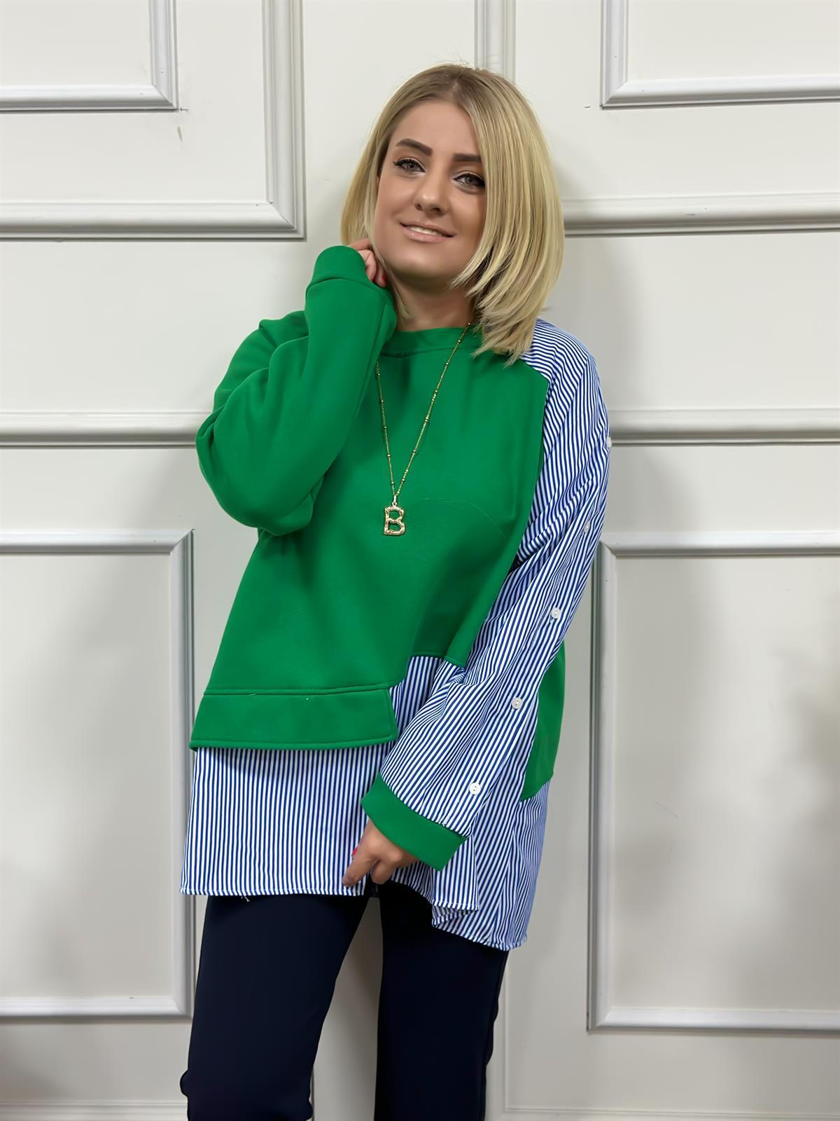 Çizgili Kolları Düğmeli Sweatshirt YEŞİL-23KUST000023