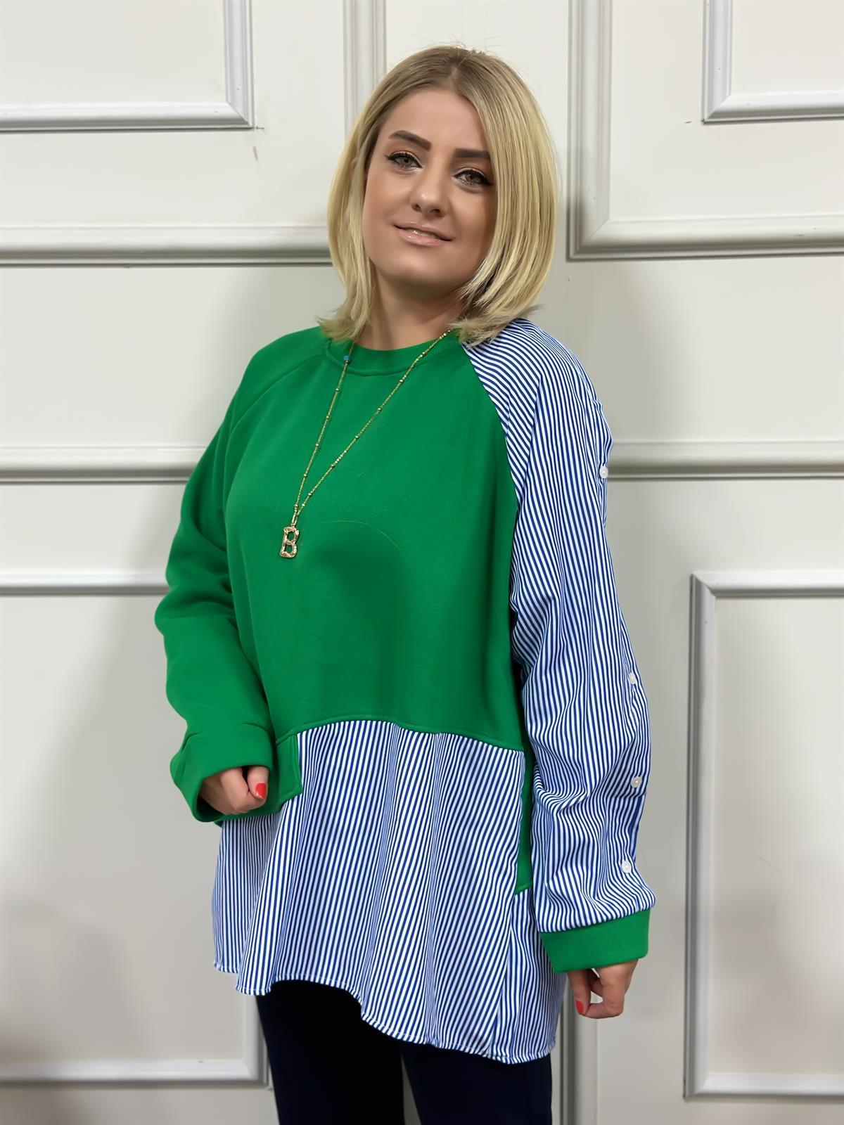 Çizgili Kolları Düğmeli Sweatshirt YEŞİL-23KUST000023