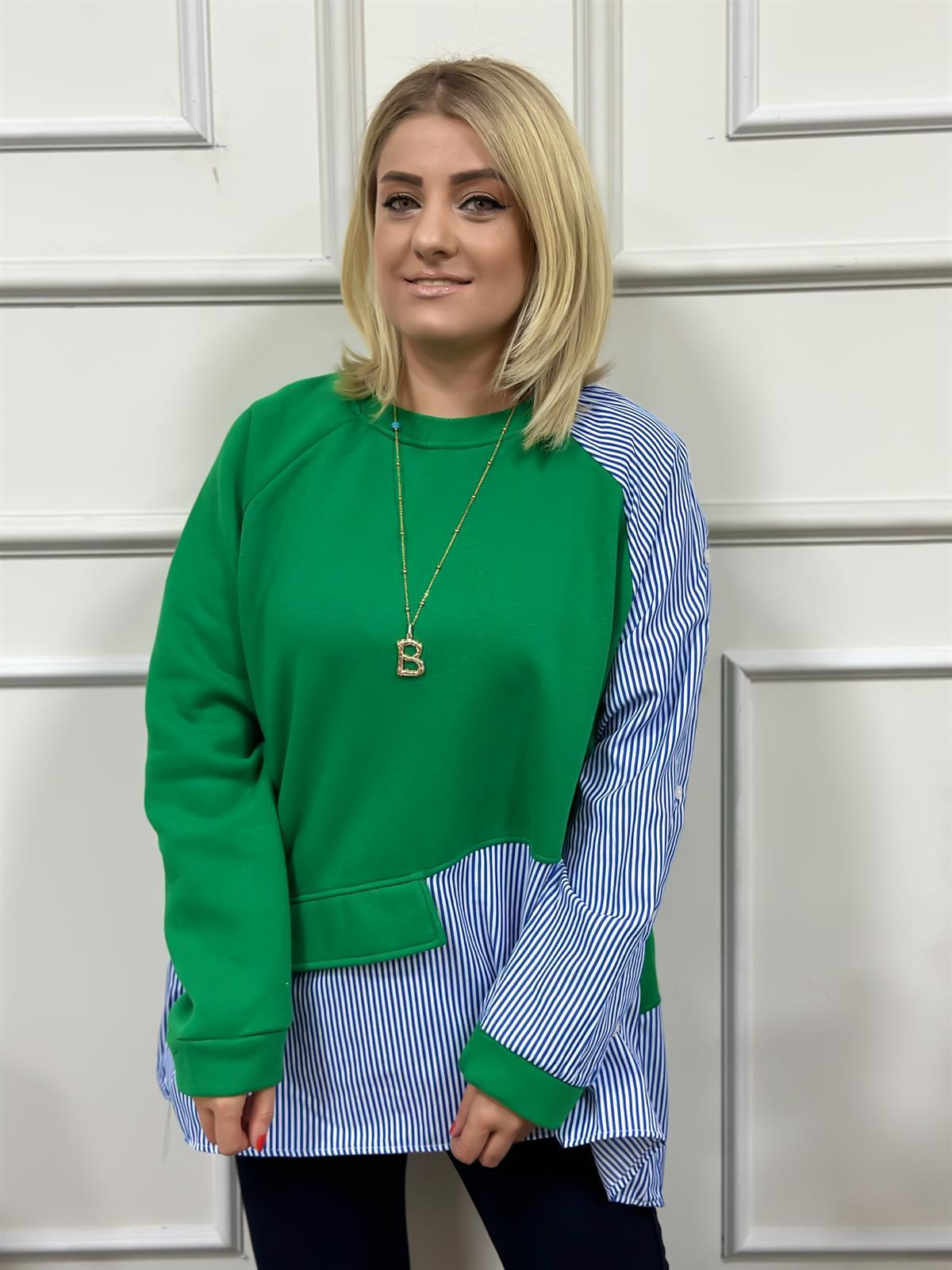 Çizgili Kolları Düğmeli Sweatshirt YEŞİL-23KUST000023