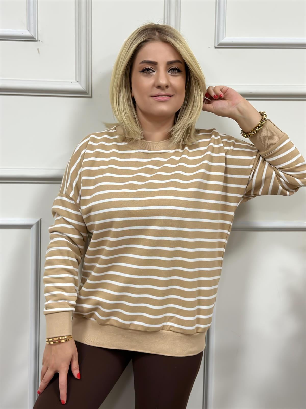 Çizgili Pamuk Kumaş Sweatshırt VİZON-23KUST000024