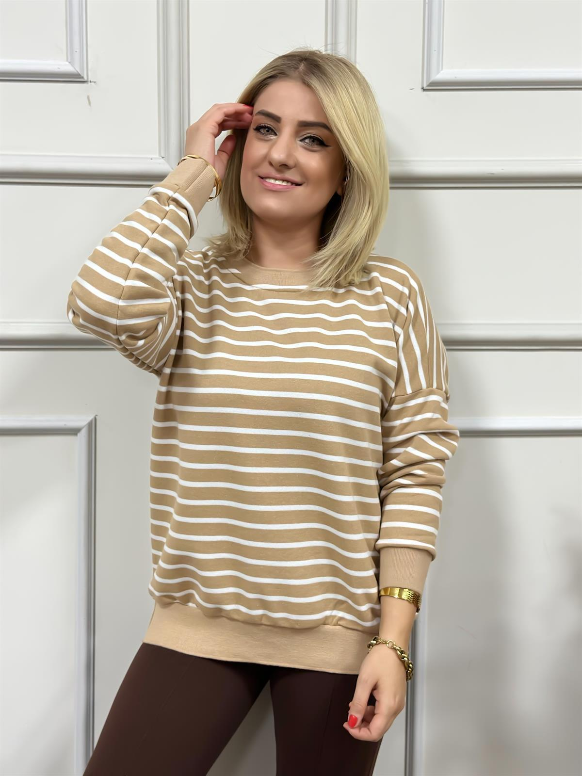 Çizgili Pamuk Kumaş Sweatshırt VİZON-23KUST000024