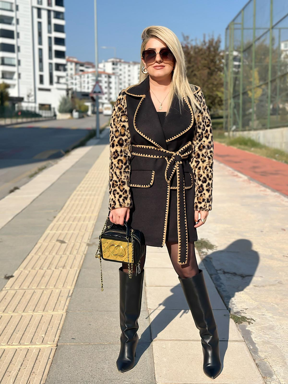 Çoban Dikişli Leopar Kaşe Kaban SİYAH-23KDIS000050