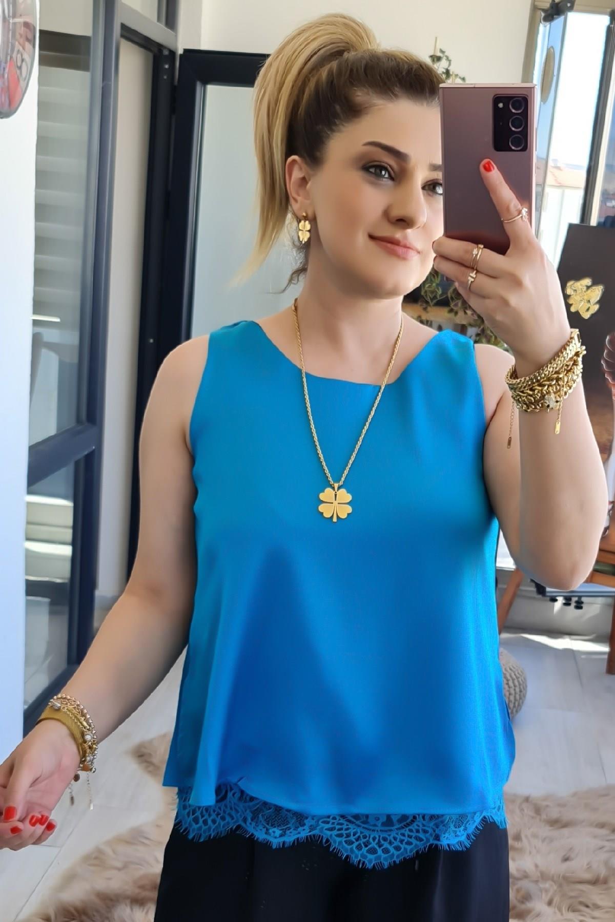 Dantel Detay Askılı Bluz MAVİ-23MeUST00042
