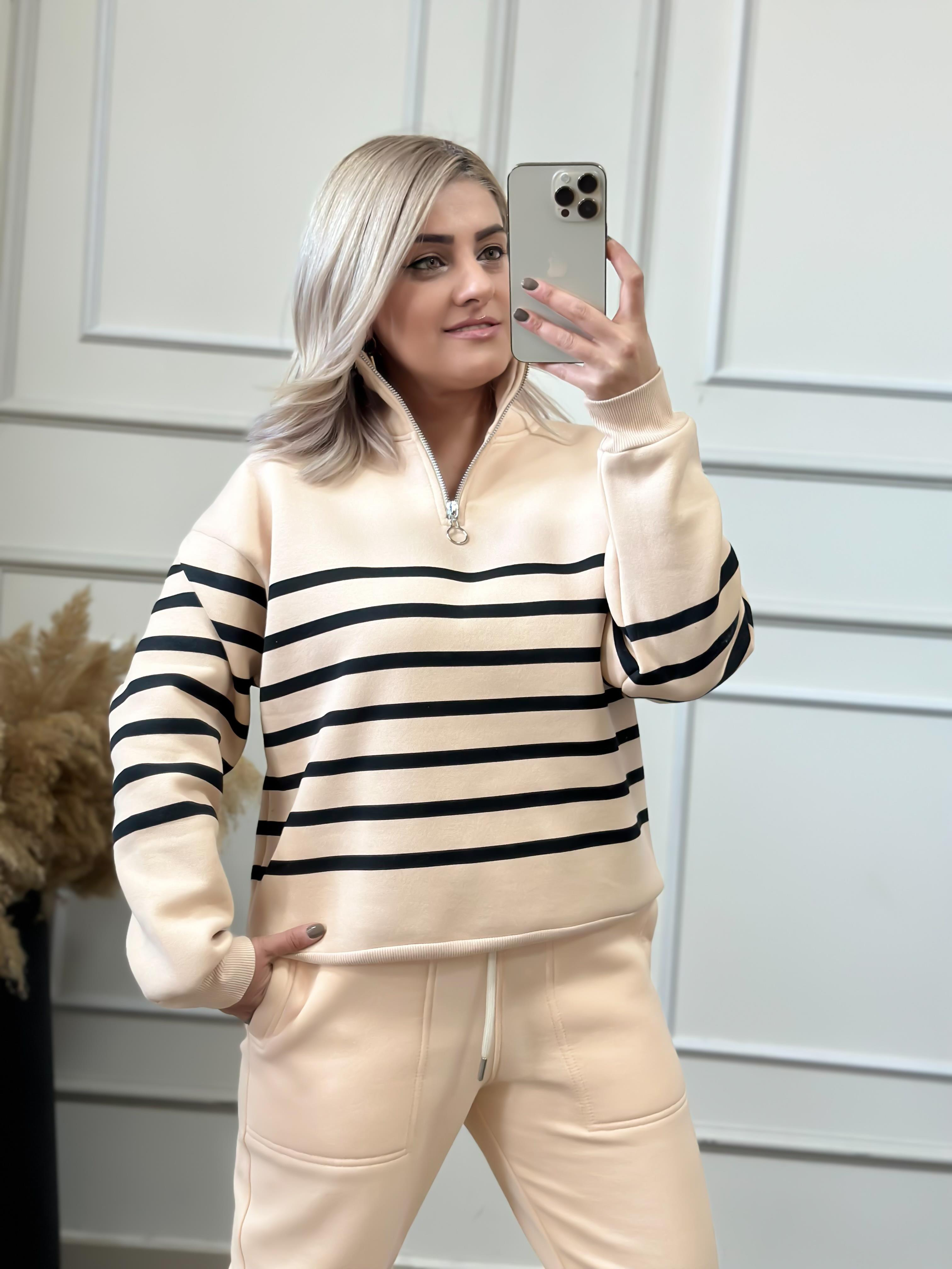 Dik Yaka Fermuarlı Çizgili İçi Şardonlu Sweatshırt BEJ-23KYeni00064