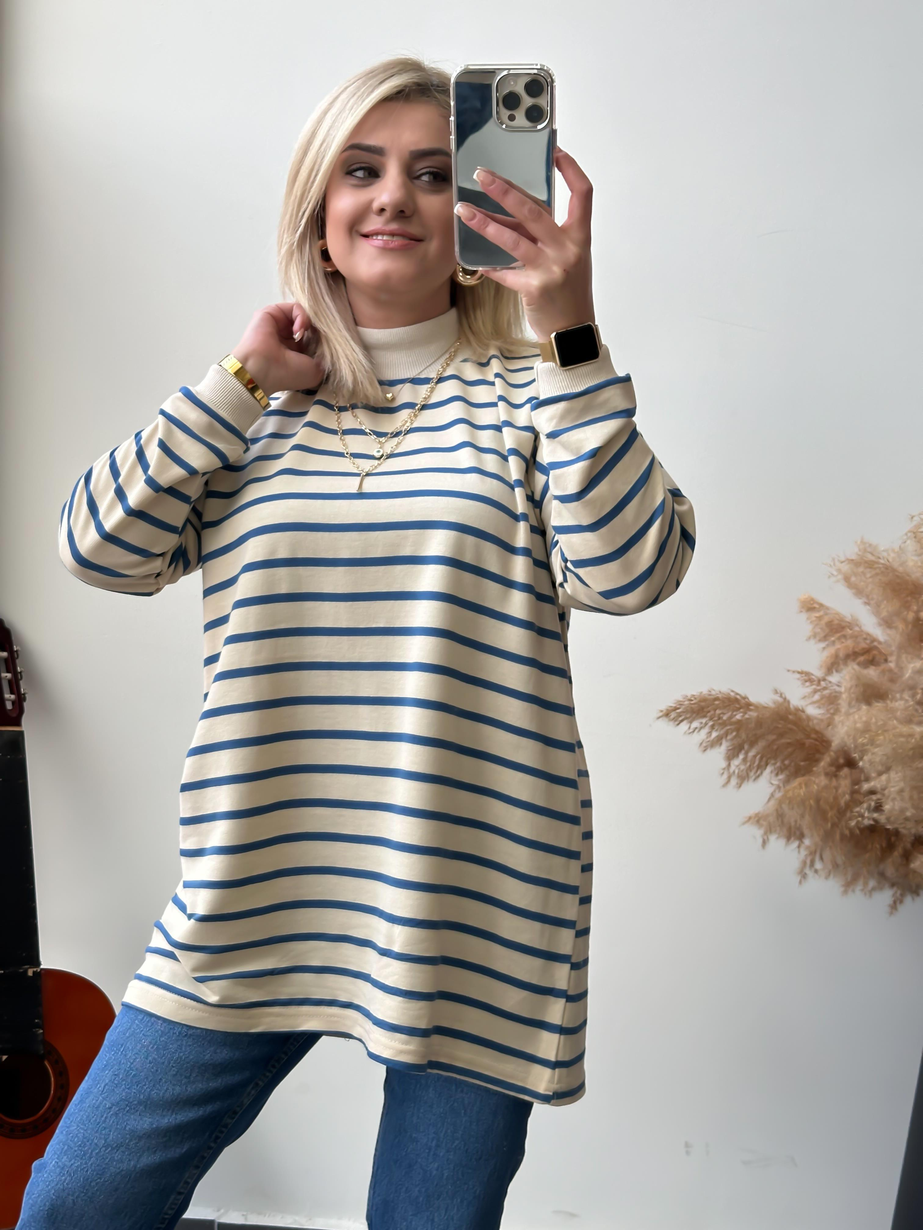 Dik Yaka  İnce Çizgili Pamuk Kumaş  Sweatshirt MAVİ-23MeUST00049
