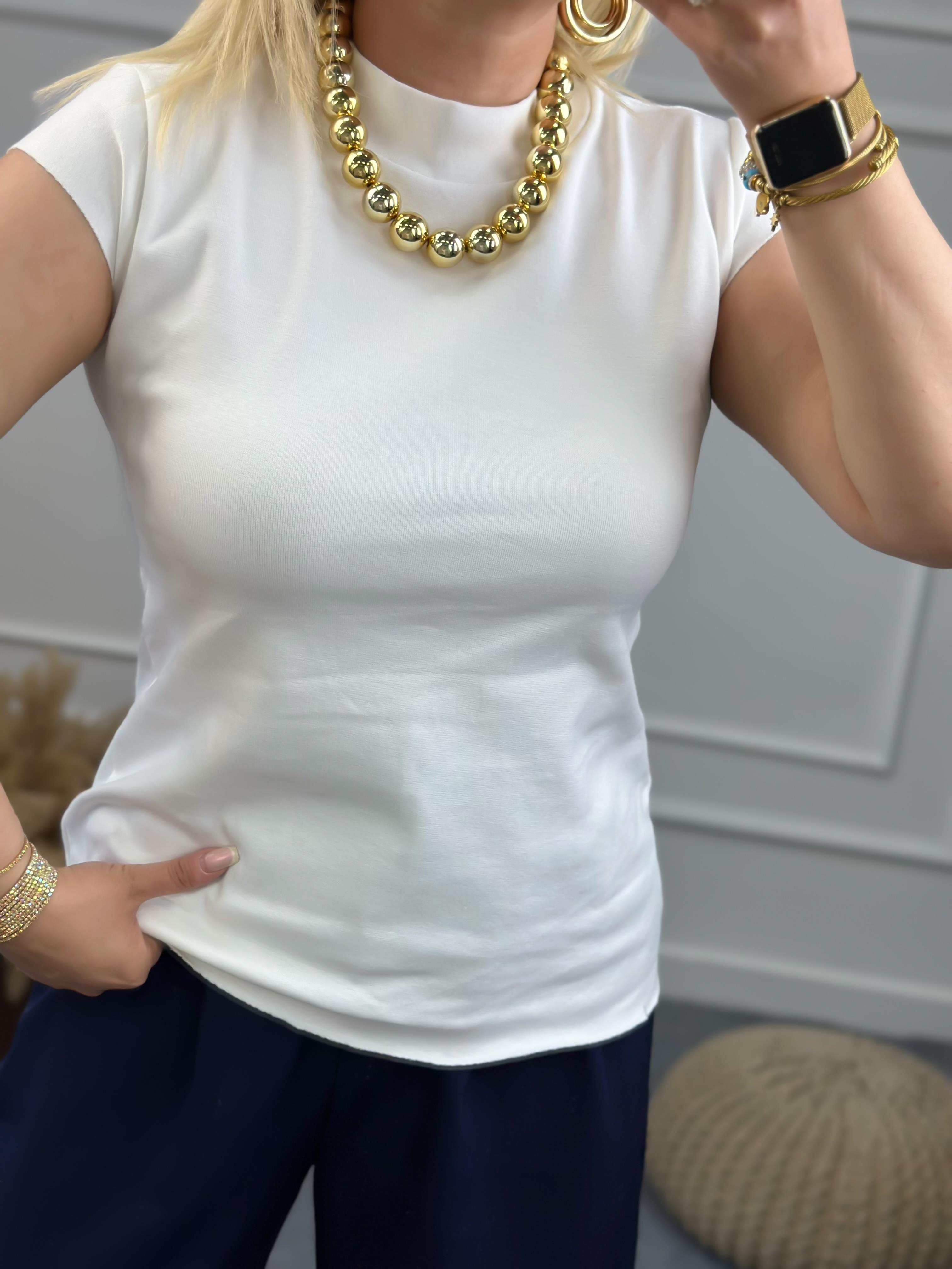 Dik Yaka Ottoman Kumaş Tshirt BEYAZ-23YUST000083