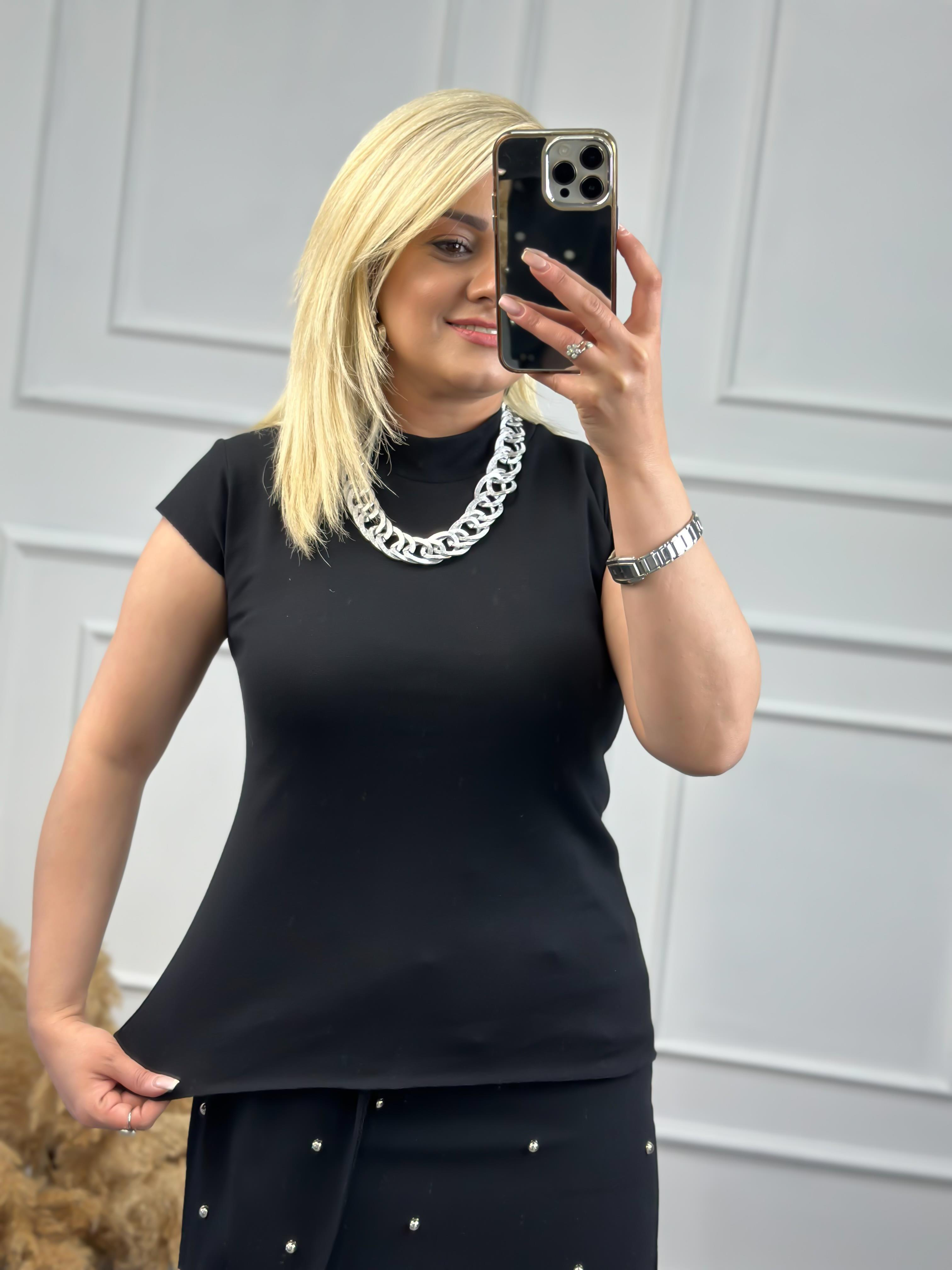 Dik Yaka Ottoman Kumaş Tshirt SİYAH-23YUST000083