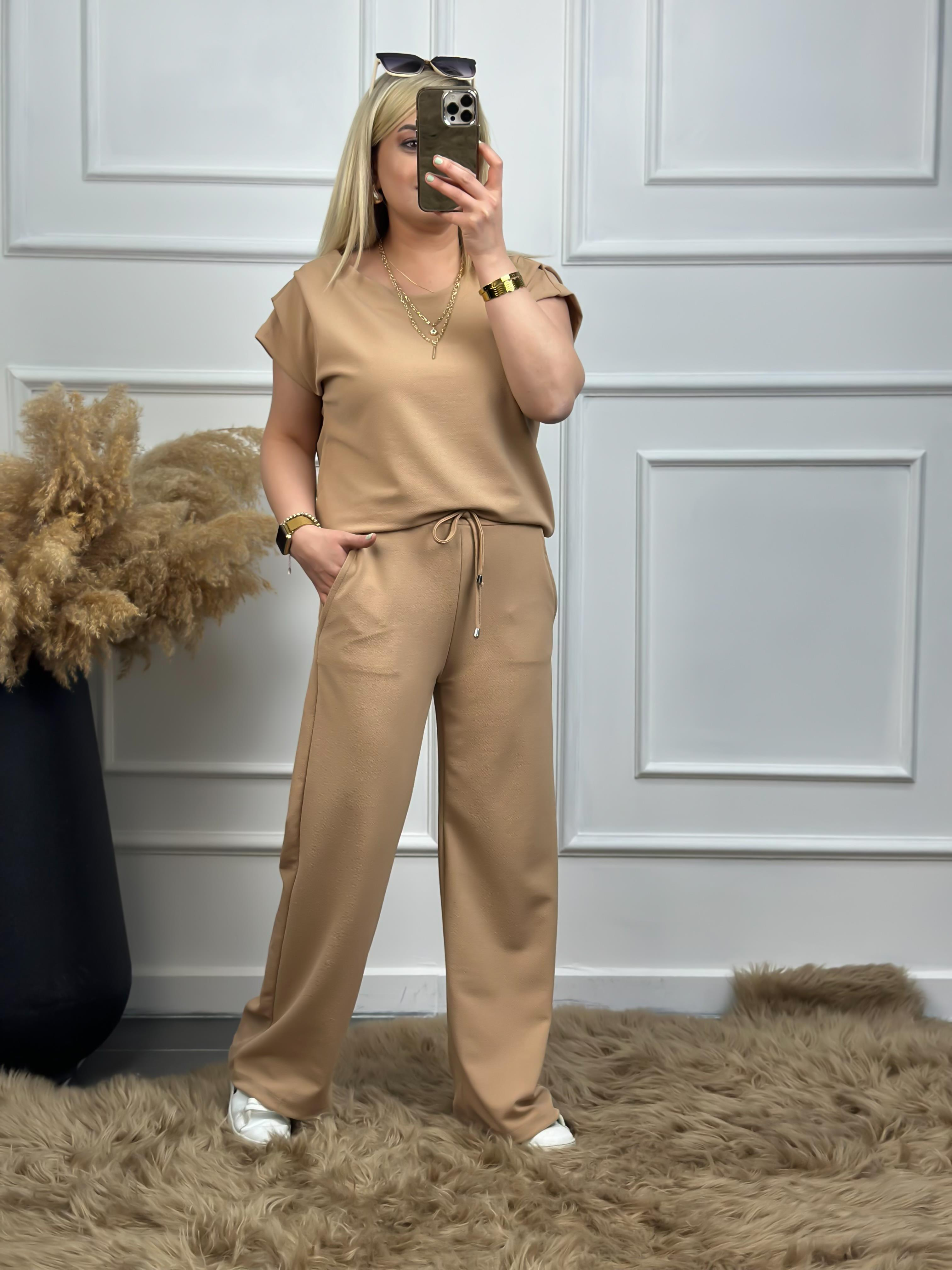 Drapeli Likralı Crep Kumaş Bluz Pantolon Takım VİZON-23YUST000042