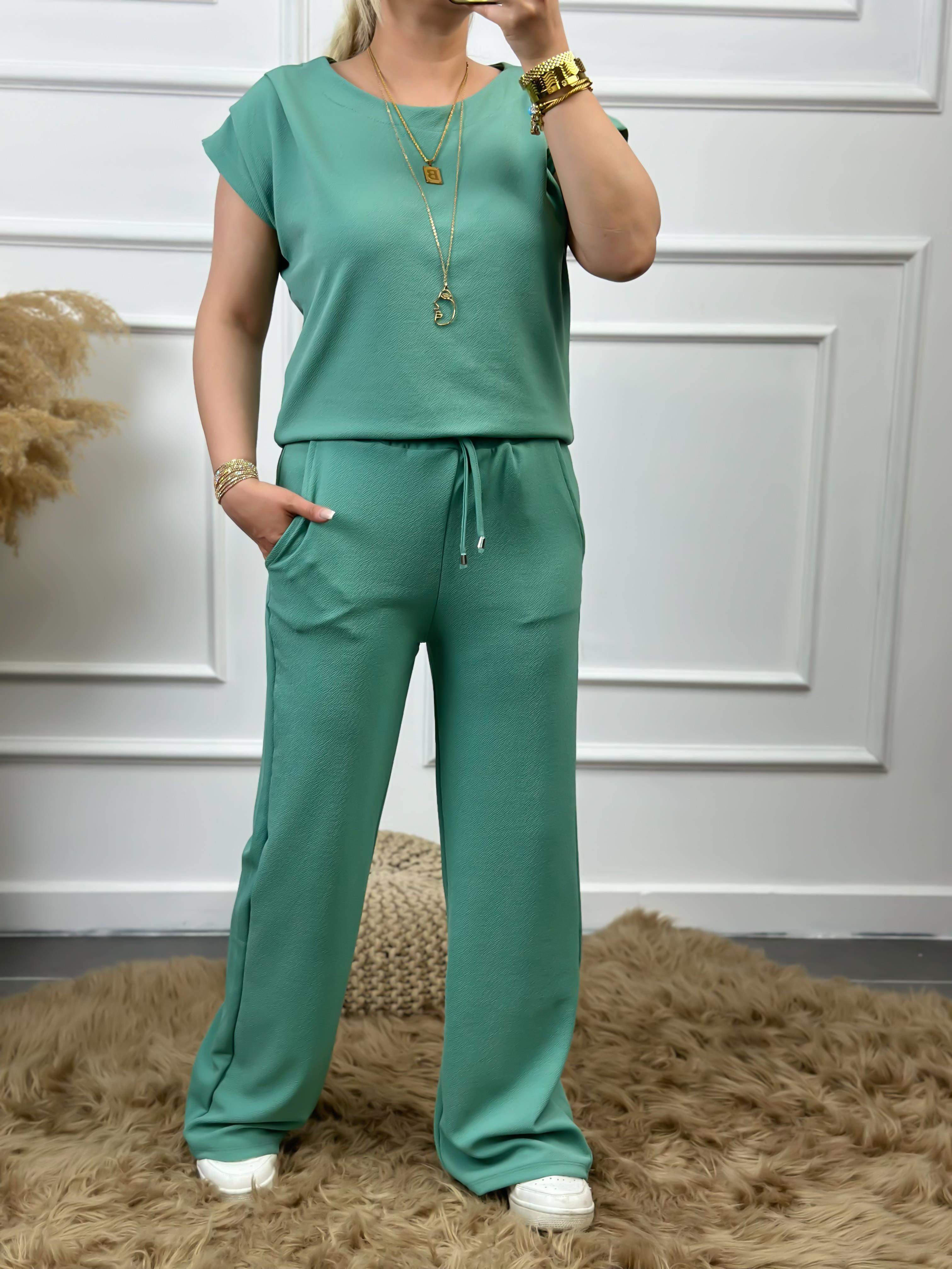 Drapeli Likralı Crep Kumaş Bluz Pantolon Takım Mint-23MeUST00078