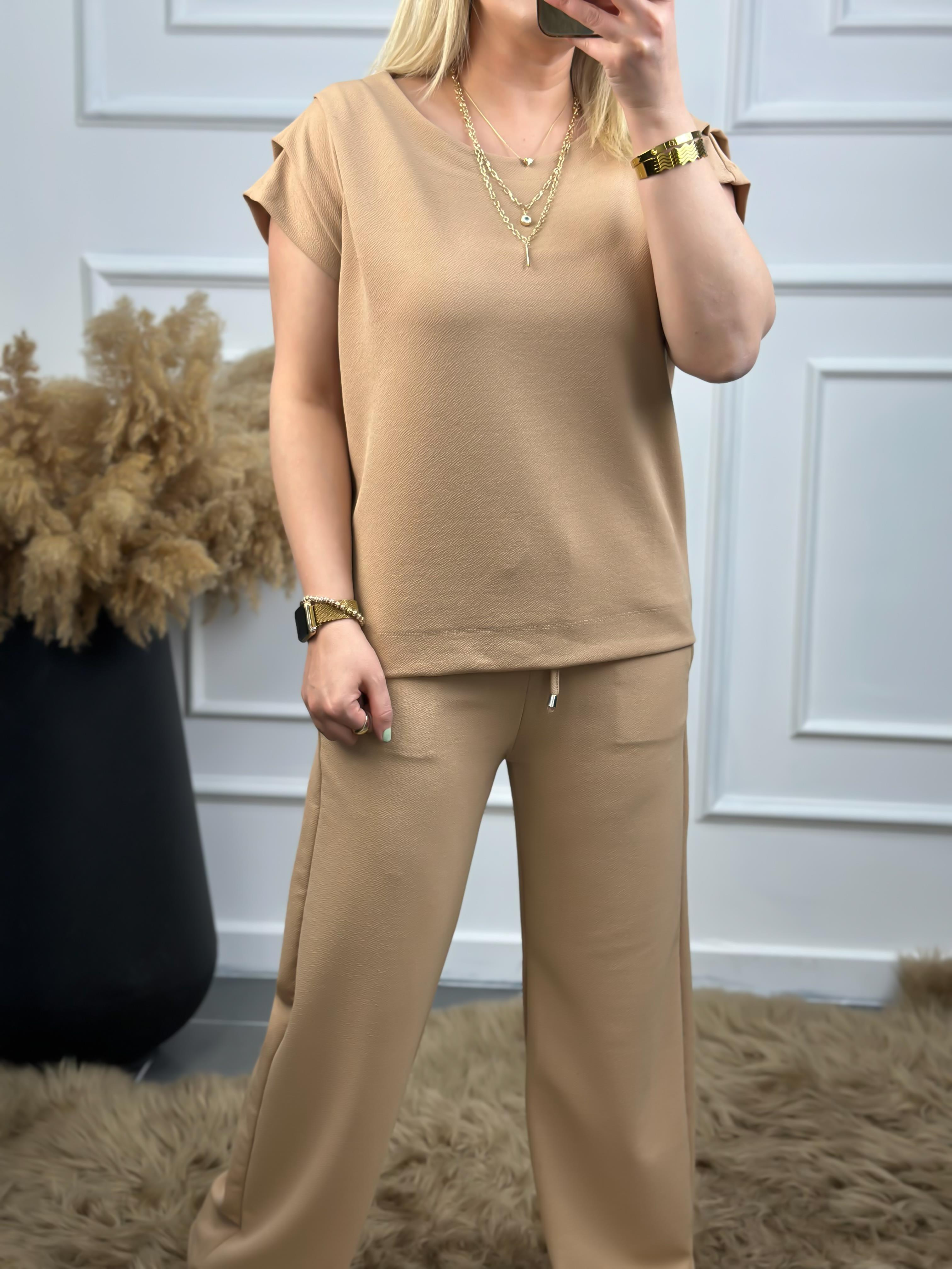 Drapeli Likralı Crep Kumaş Bluz Pantolon Takım VİZON-23YUST000042