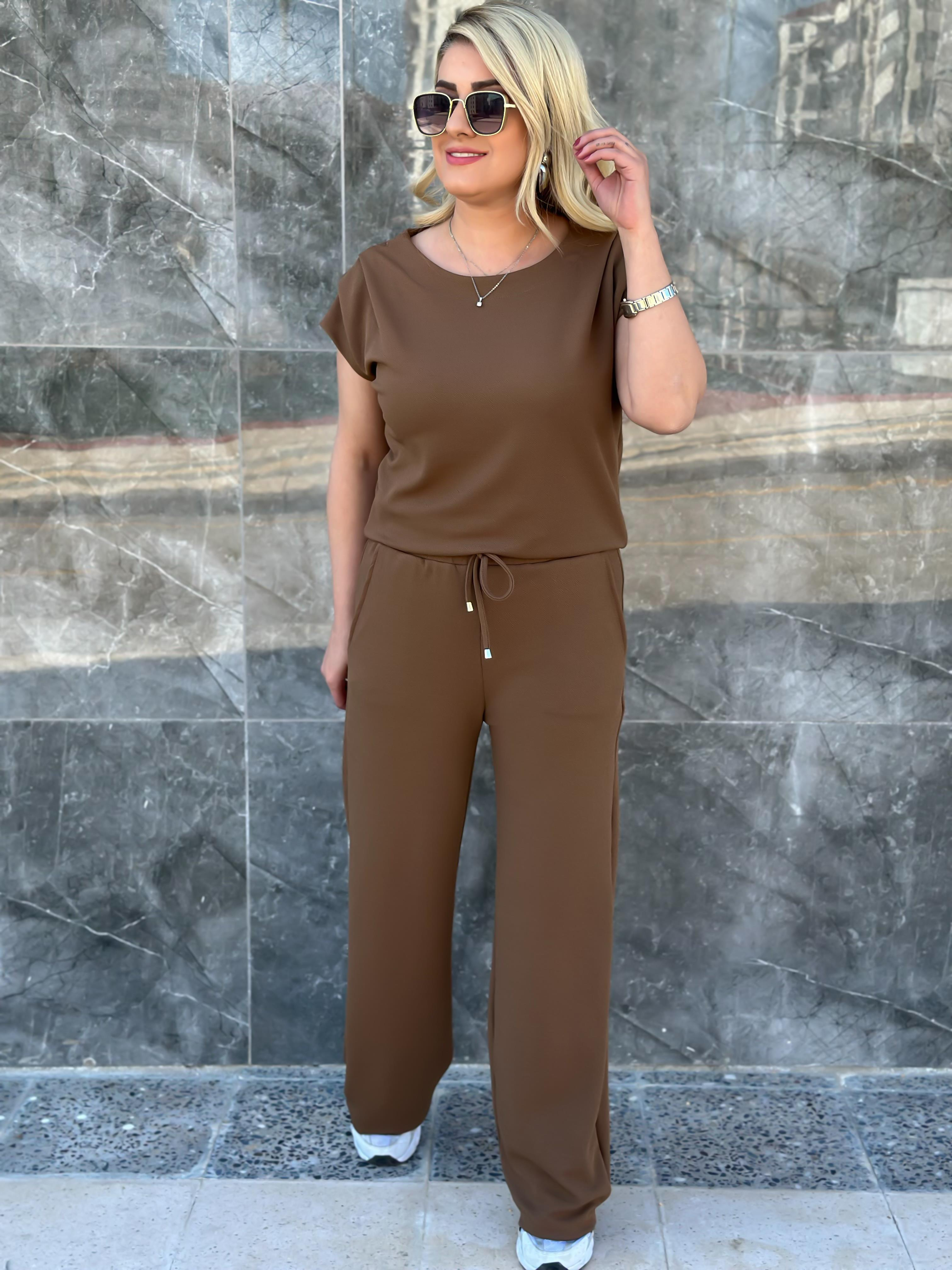 Drapeli Likralı Crep Kumaş Bluz Pantolon Takım KAHVE-23MeUST00078