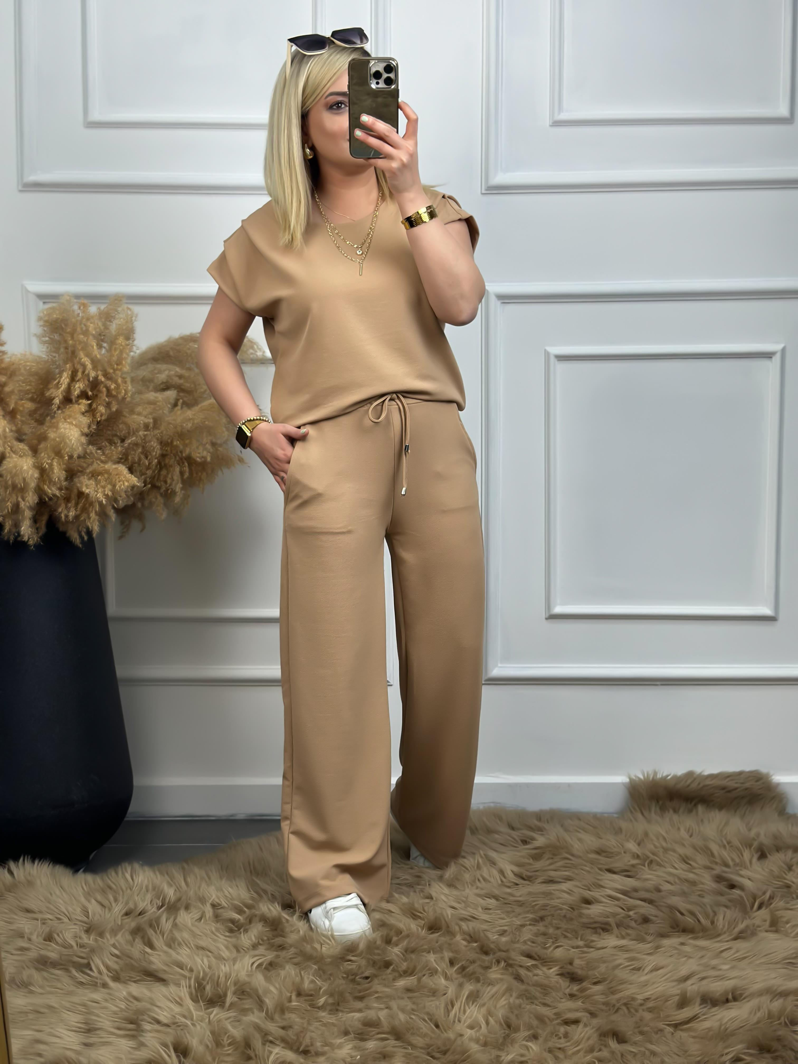 Drapeli Likralı Crep Kumaş Bluz Pantolon Takım VİZON-23YUST000042