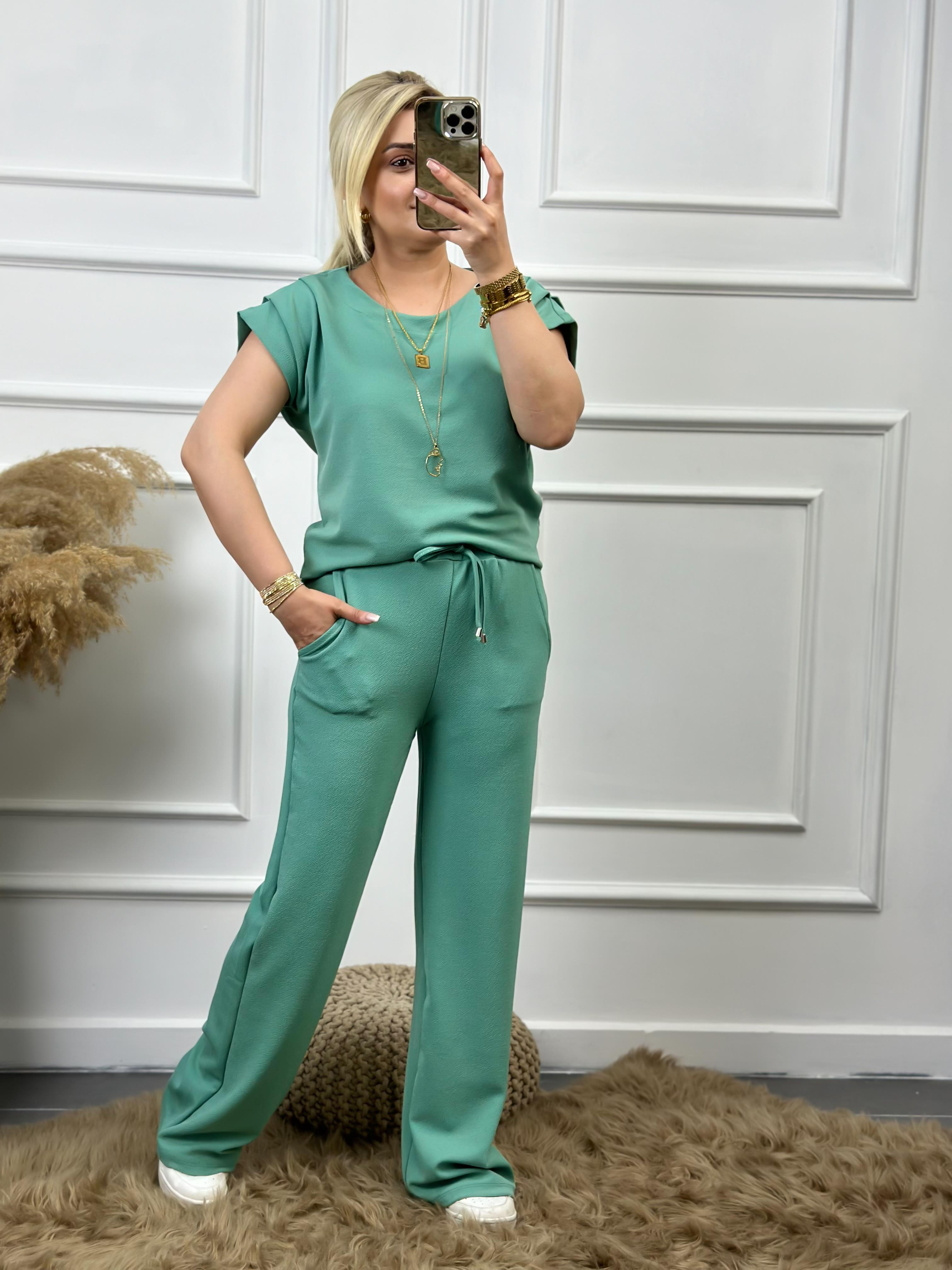 Drapeli Likralı Crep Kumaş Bluz Pantolon Takım Mint-23MeUST00078