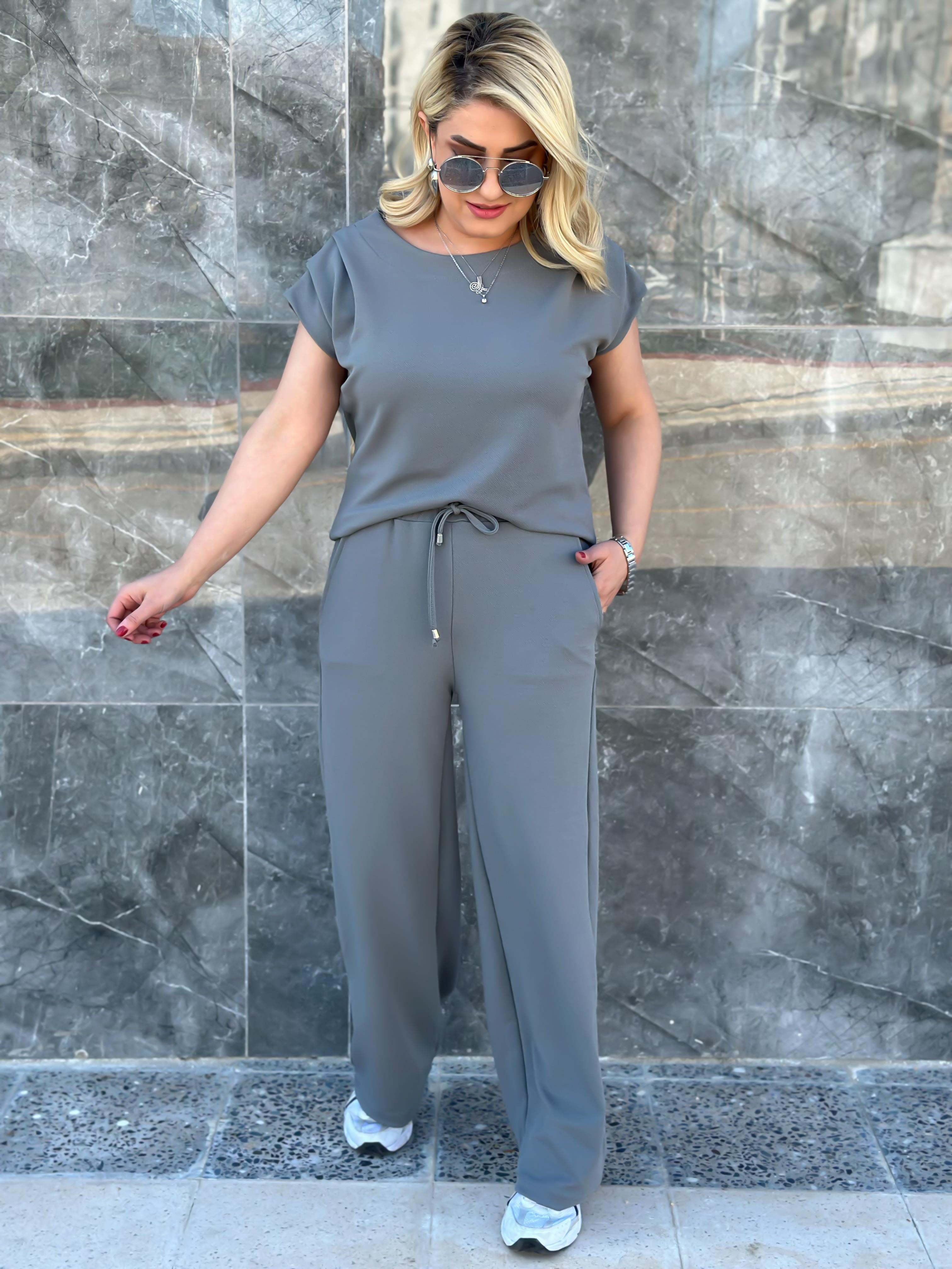 Drapeli Likralı Crep Kumaş Bluz Pantolon Takım ANTRASİT-23MeUST00078