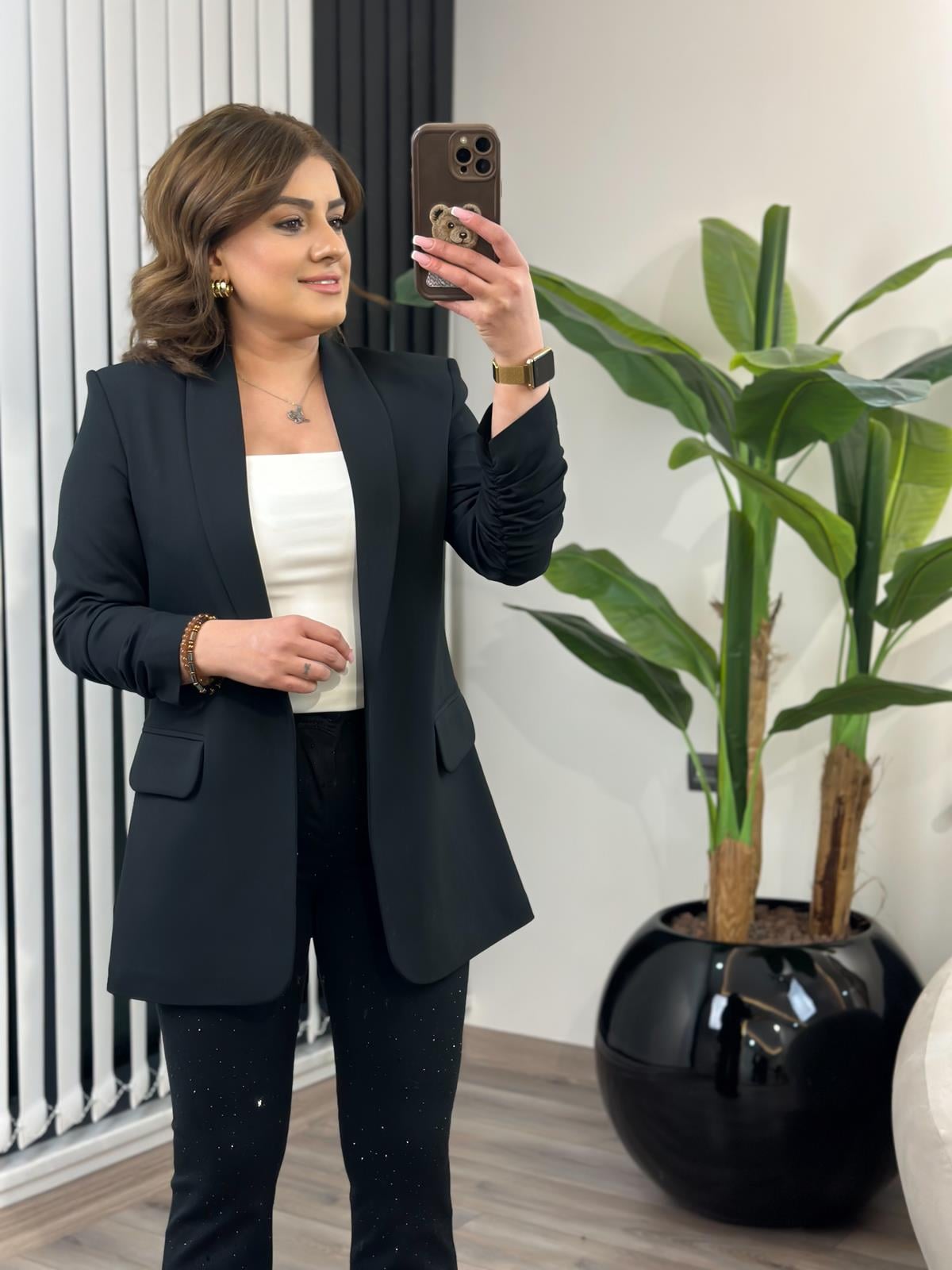 Düğmesiz Astarlı Kolu Büzgülü Blazer Ceket SİYAH-23YDIS000001