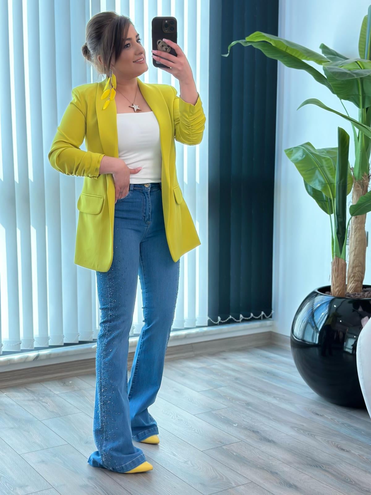 Düğmesiz Astarlı Kolu Büzgülü Blazer Ceket Kivi-23YDIS000001