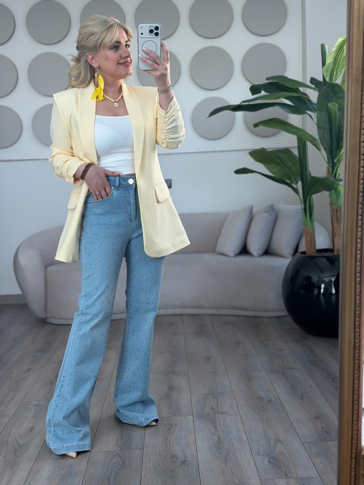 Düğmesiz Astarlı Kolu Büzgülü Blazer Ceket Sarı-23YDIS000001