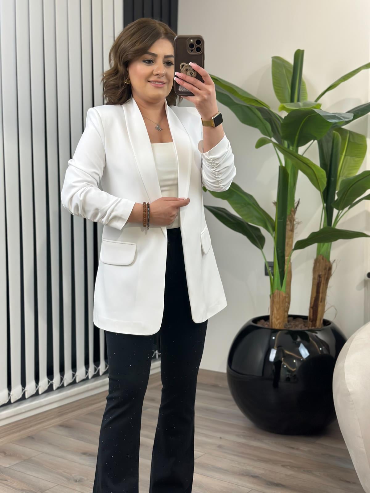 Düğmesiz Astarlı Kolu Büzgülü Blazer Ceket BEYAZ-23YDIS000001