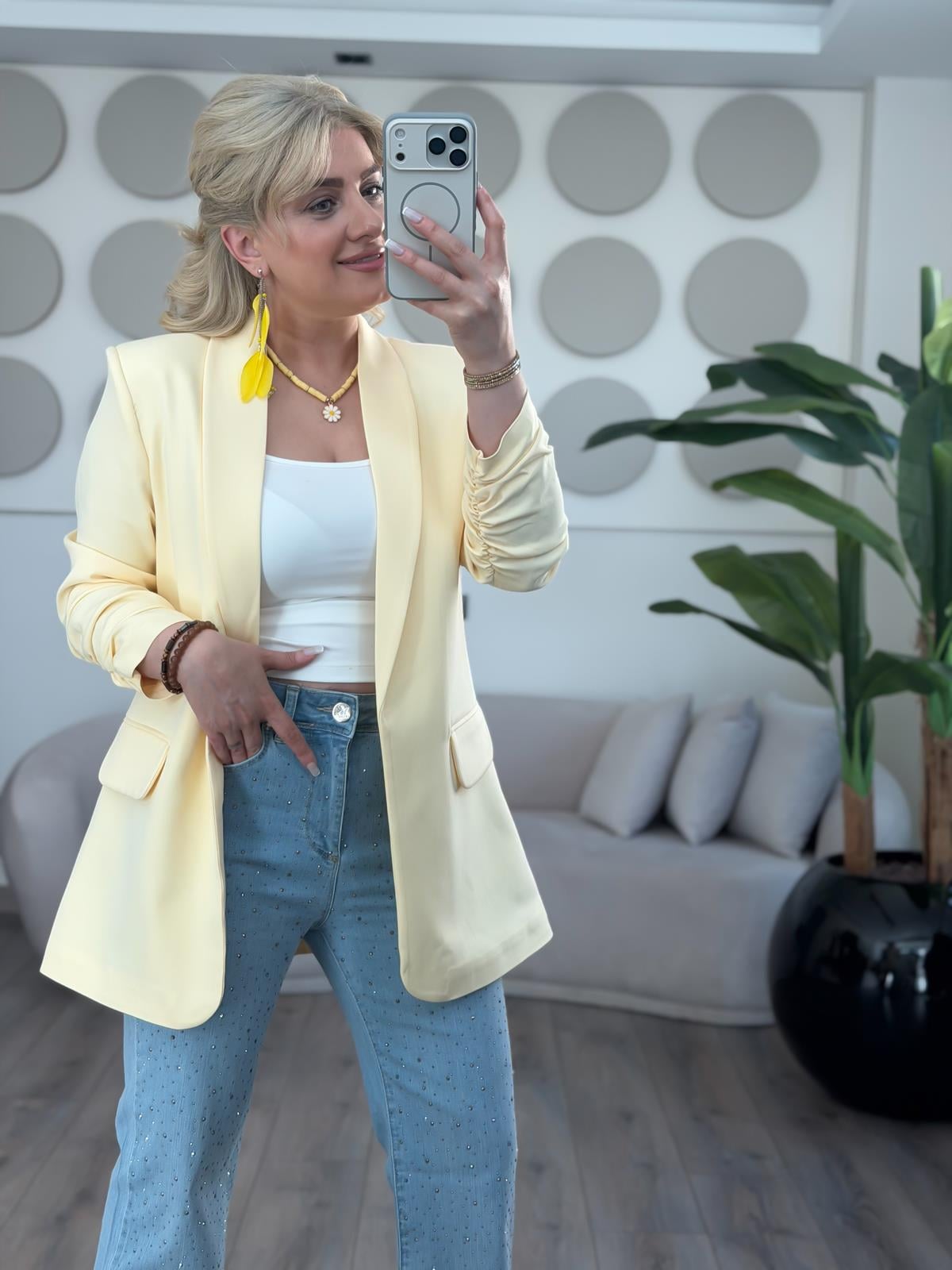 Düğmesiz Astarlı Kolu Büzgülü Blazer Ceket Sarı-23YDIS000001