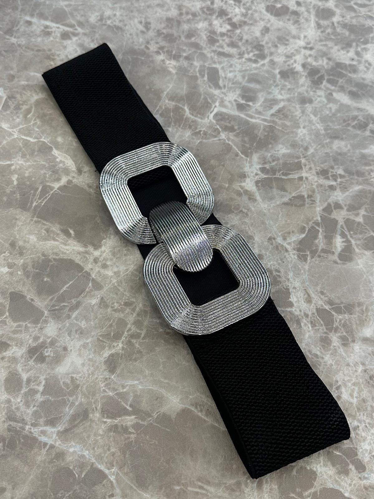 Elastik Gümüş Tokalı Kemer SİYAH-23YAKS000018