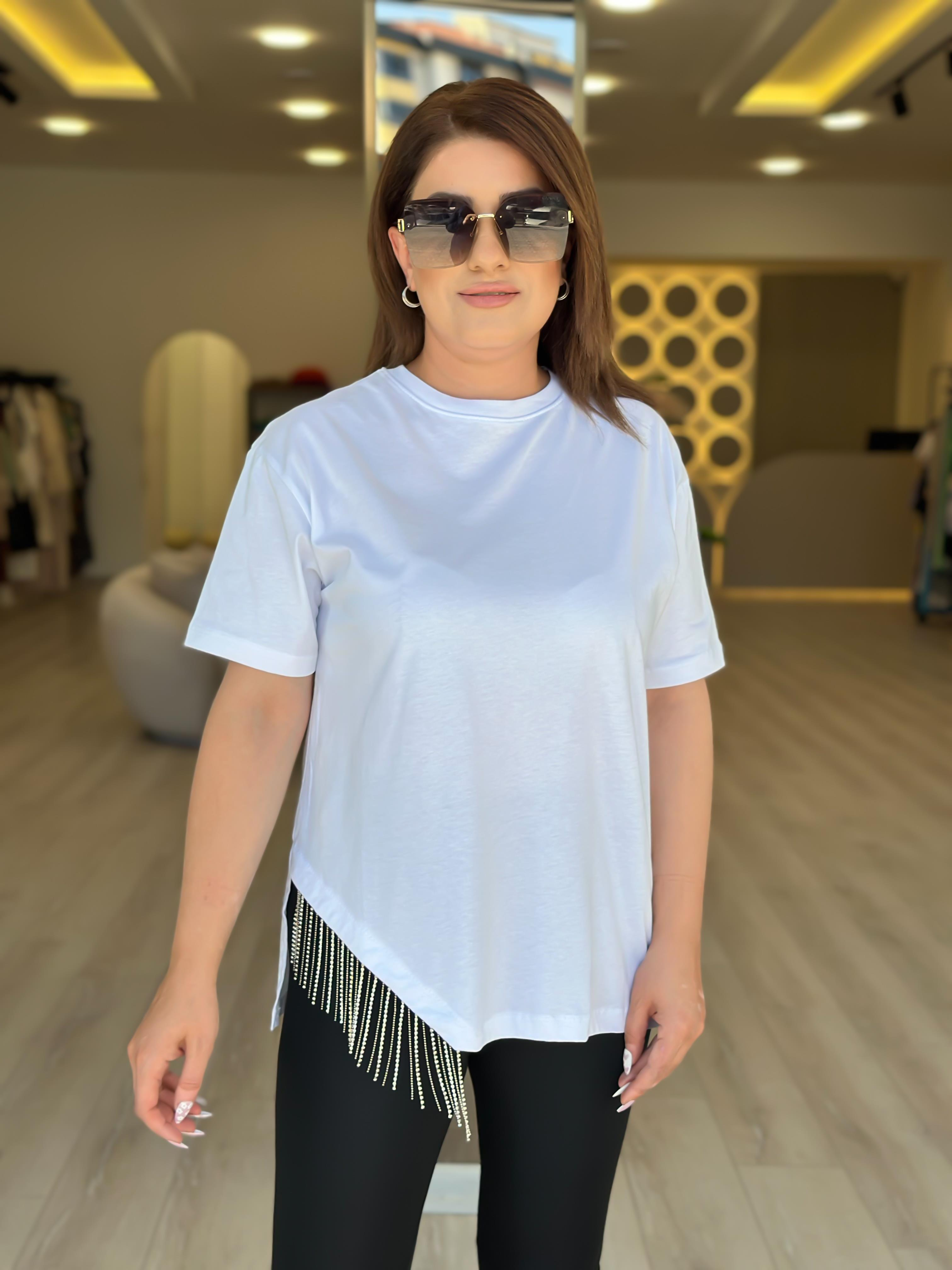 Eteği Taşlı Asimetrik Tshirt BEYAZ-23YUST000274