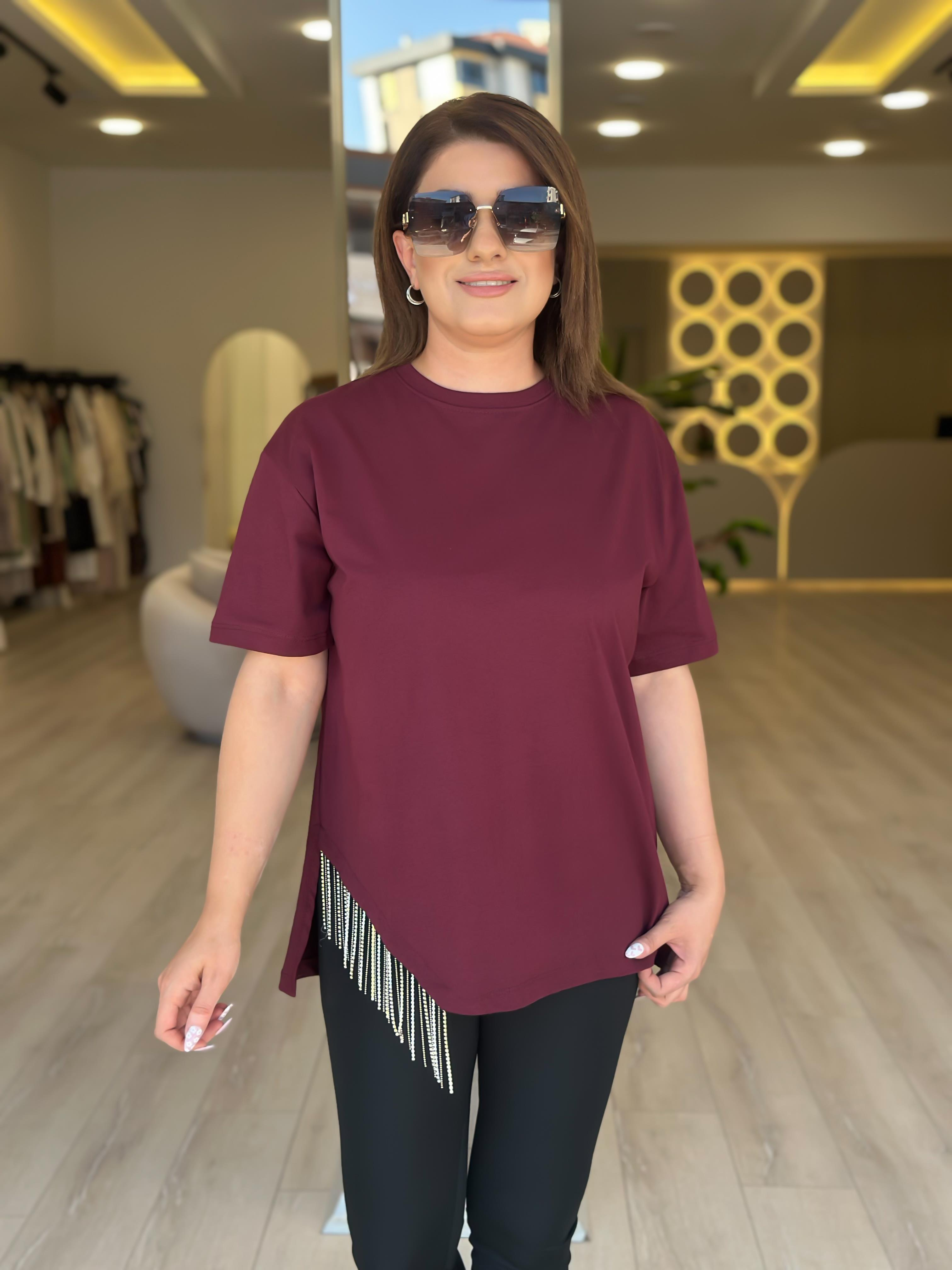 Eteği Taşlı Asimetrik Tshirt BORDO-23YUST000274