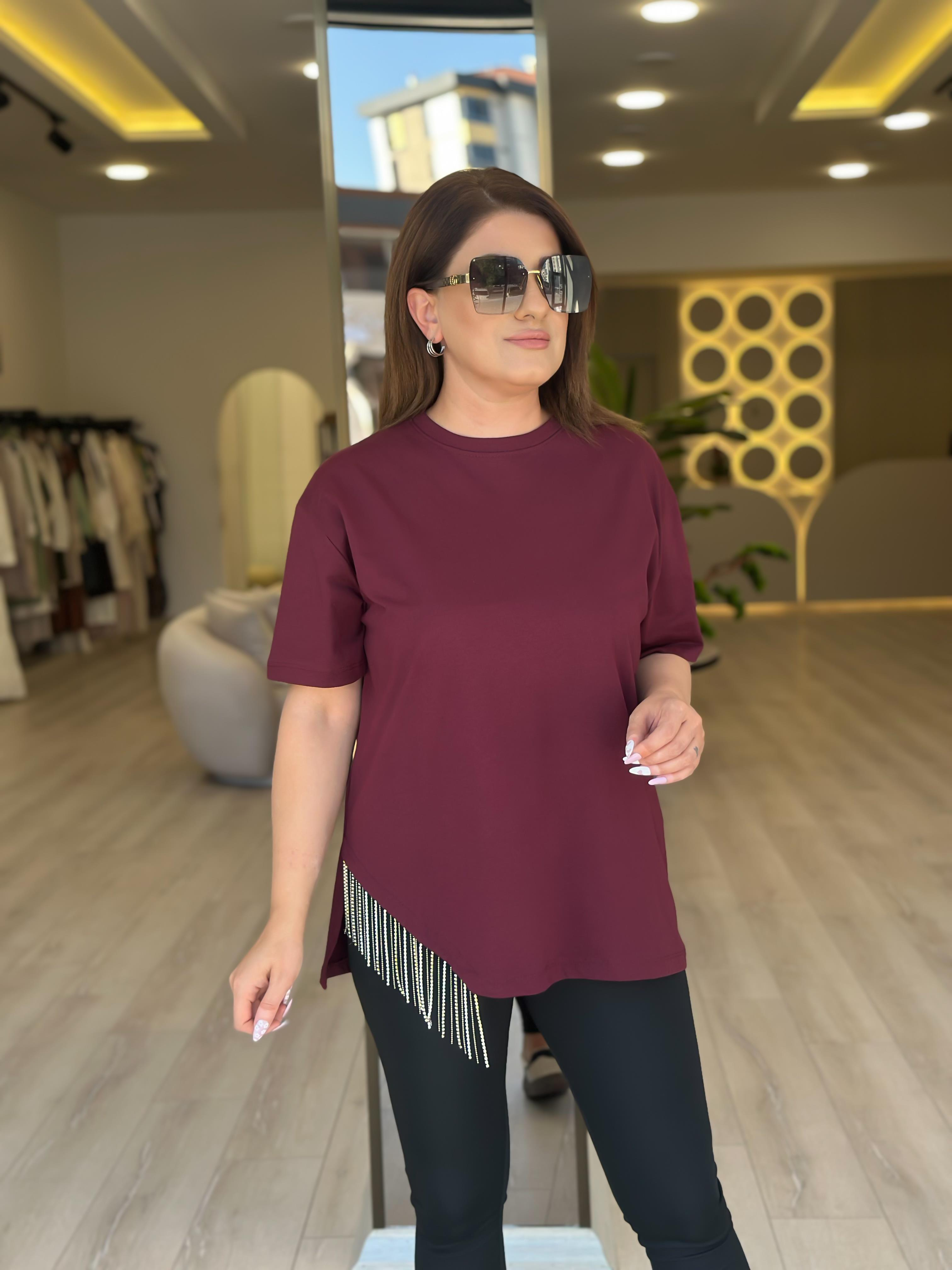 Eteği Taşlı Asimetrik Tshirt BORDO-23YUST000274