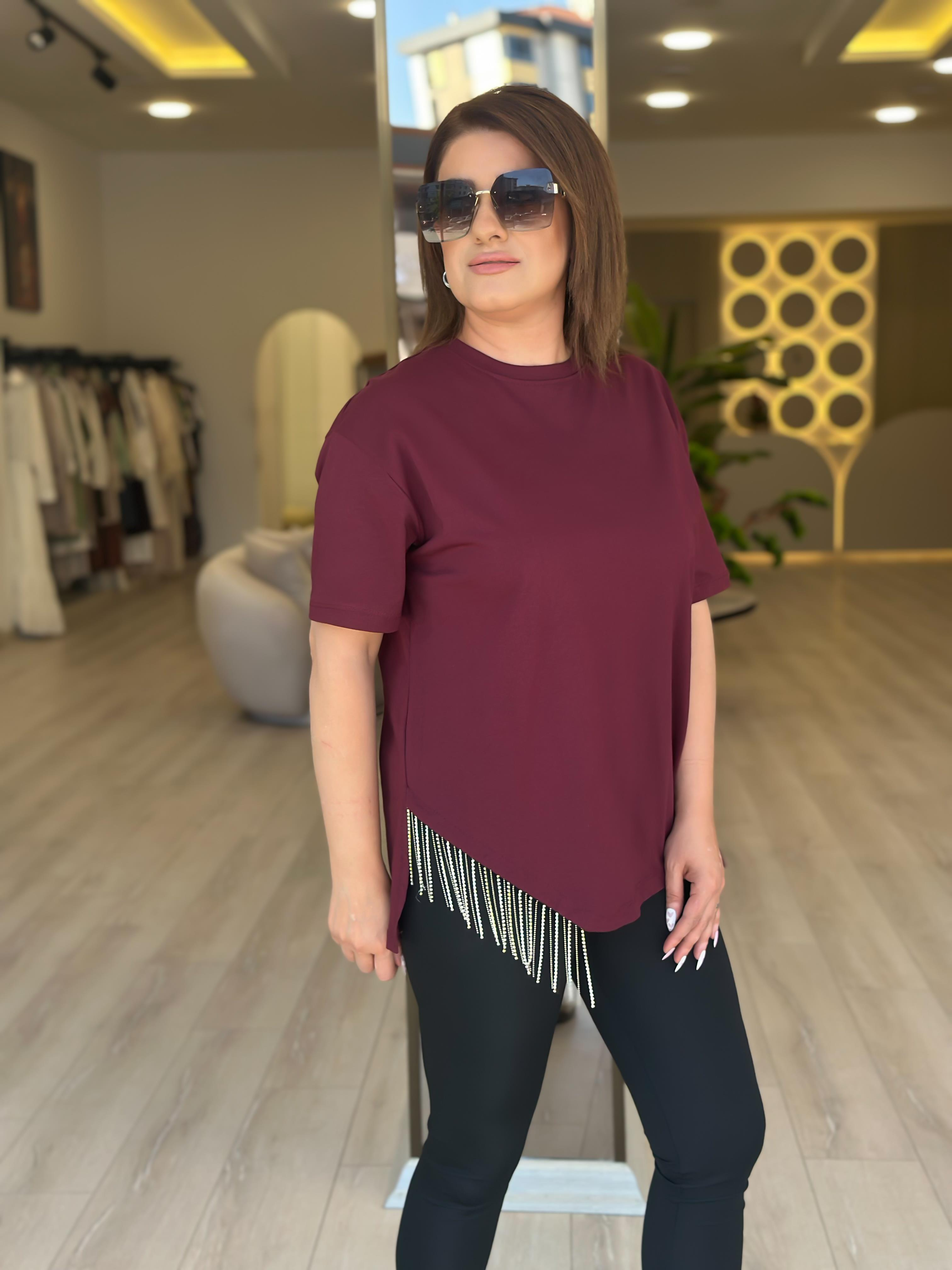 Eteği Taşlı Asimetrik Tshirt BORDO-23YUST000274