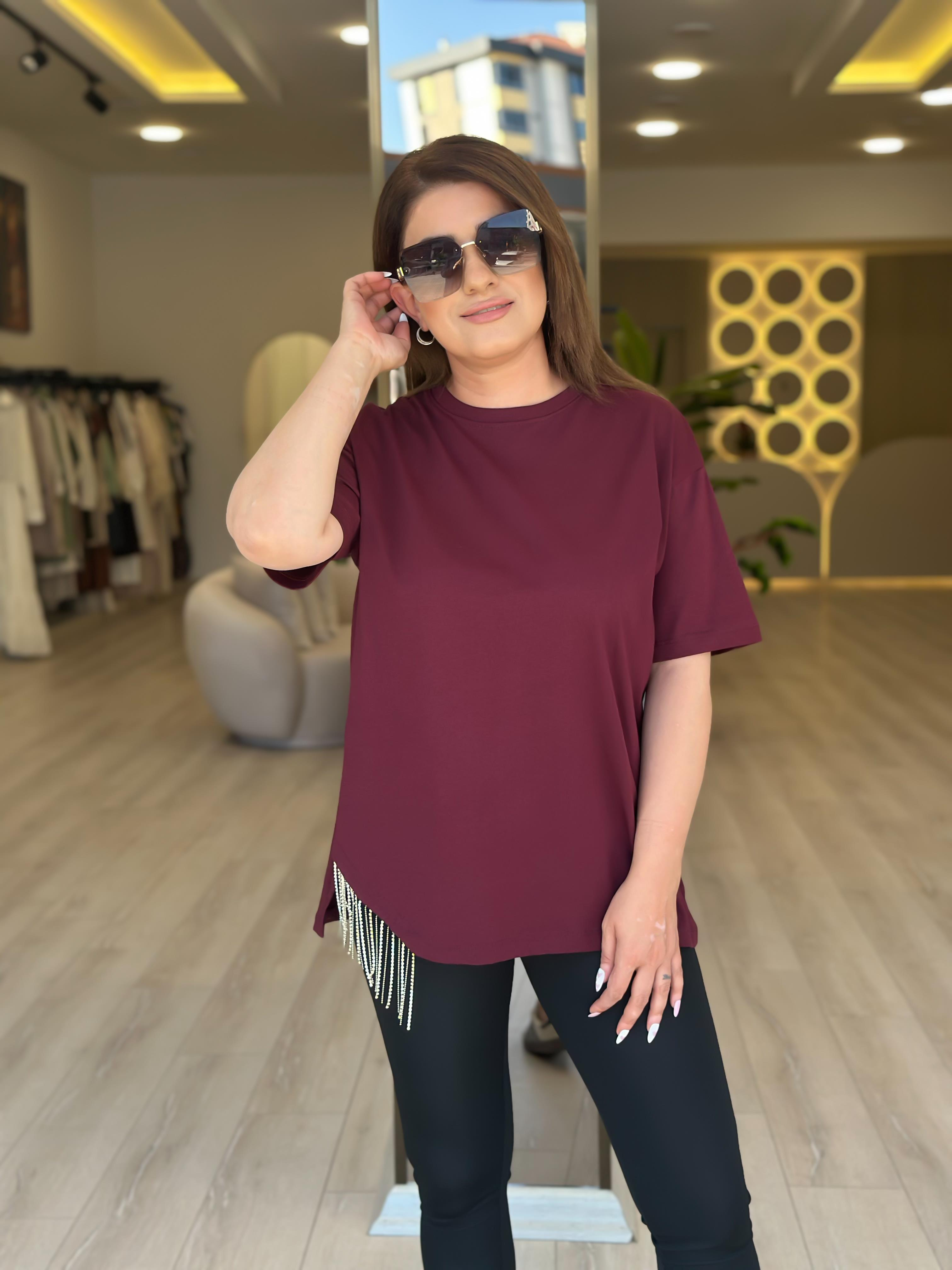 Eteği Taşlı Asimetrik Tshirt BORDO-23YUST000274