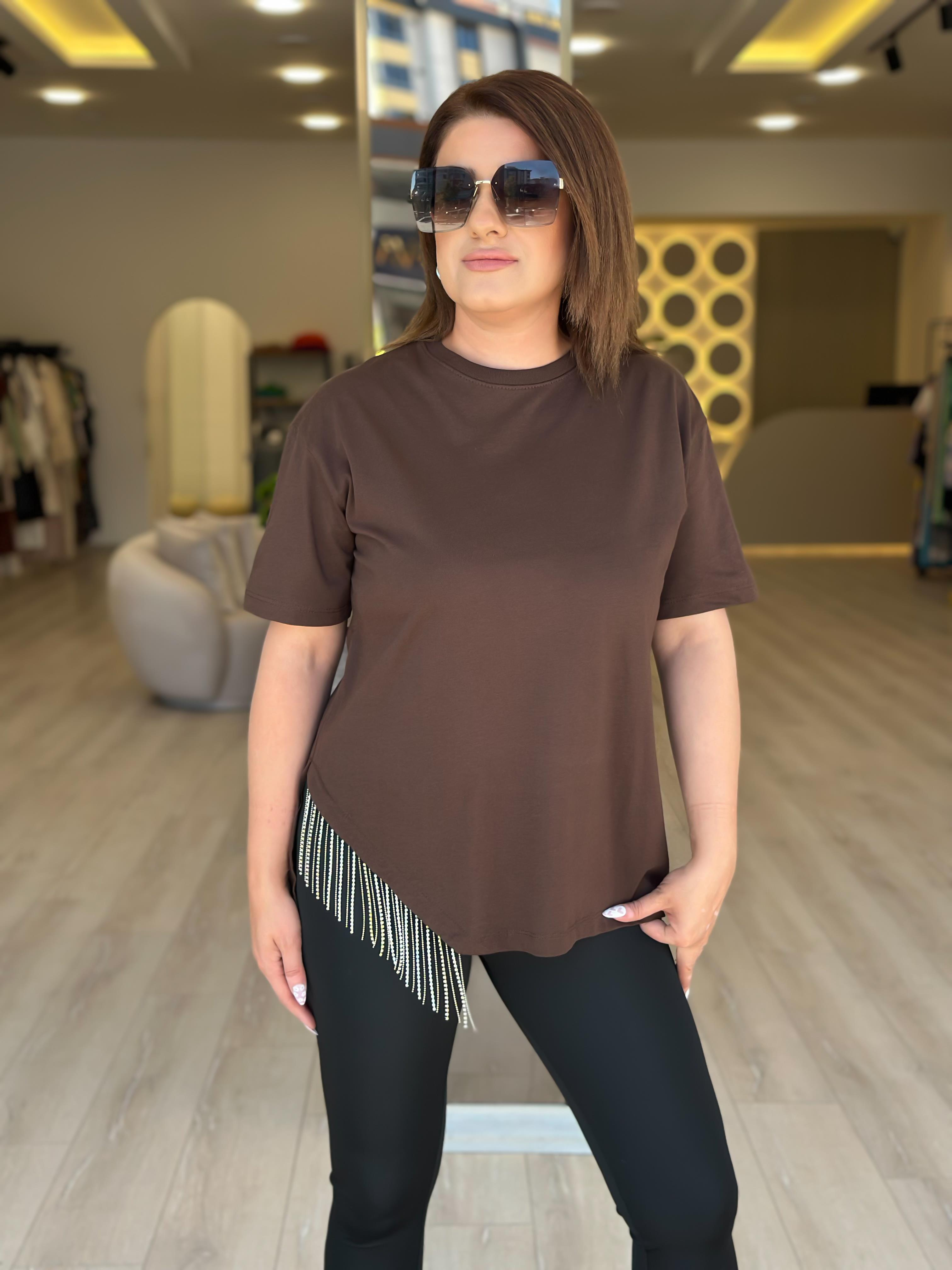 Eteği Taşlı Asimetrik Tshirt KAHVE-23YUST000274