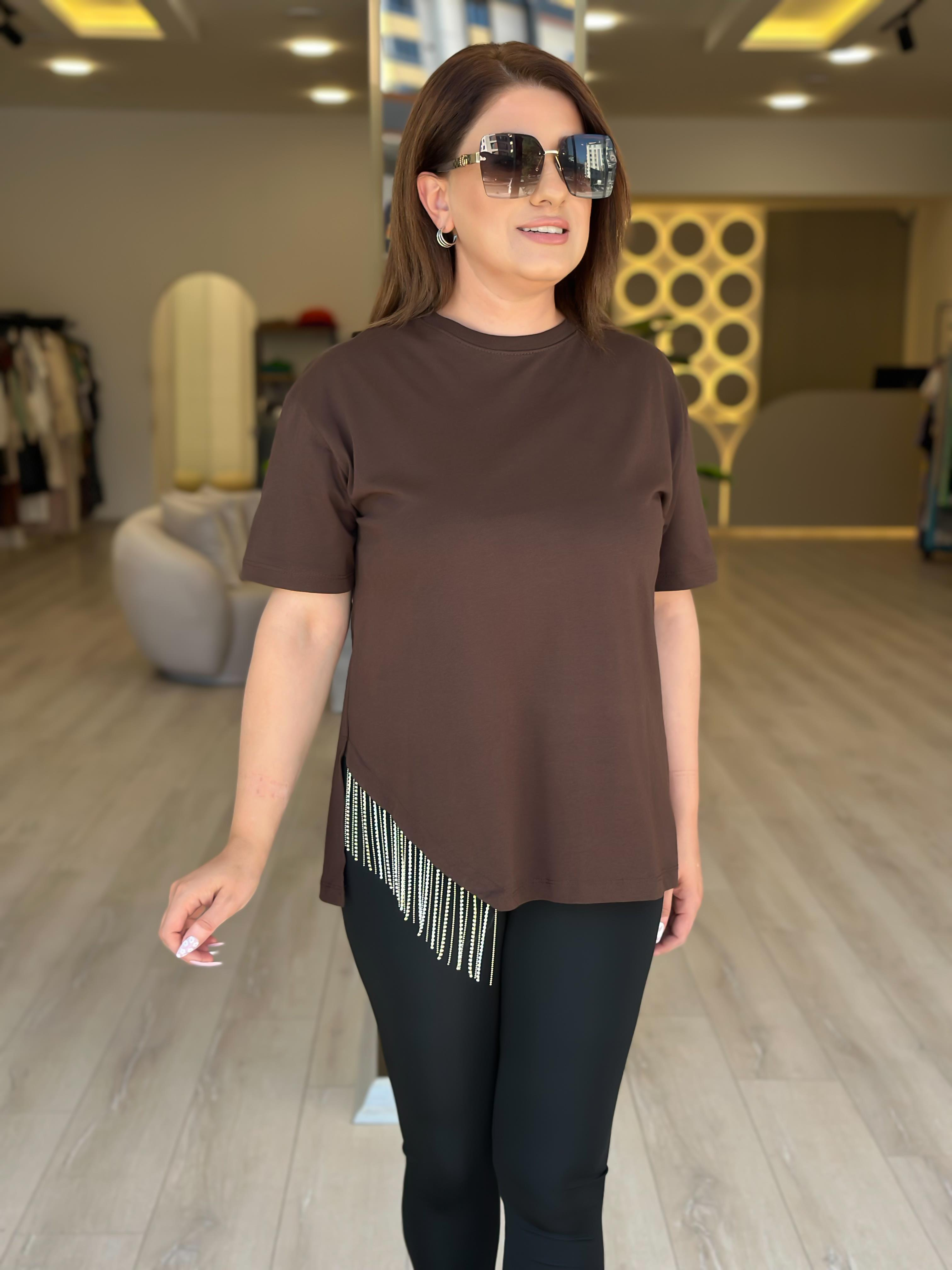 Eteği Taşlı Asimetrik Tshirt KAHVE-23YUST000274