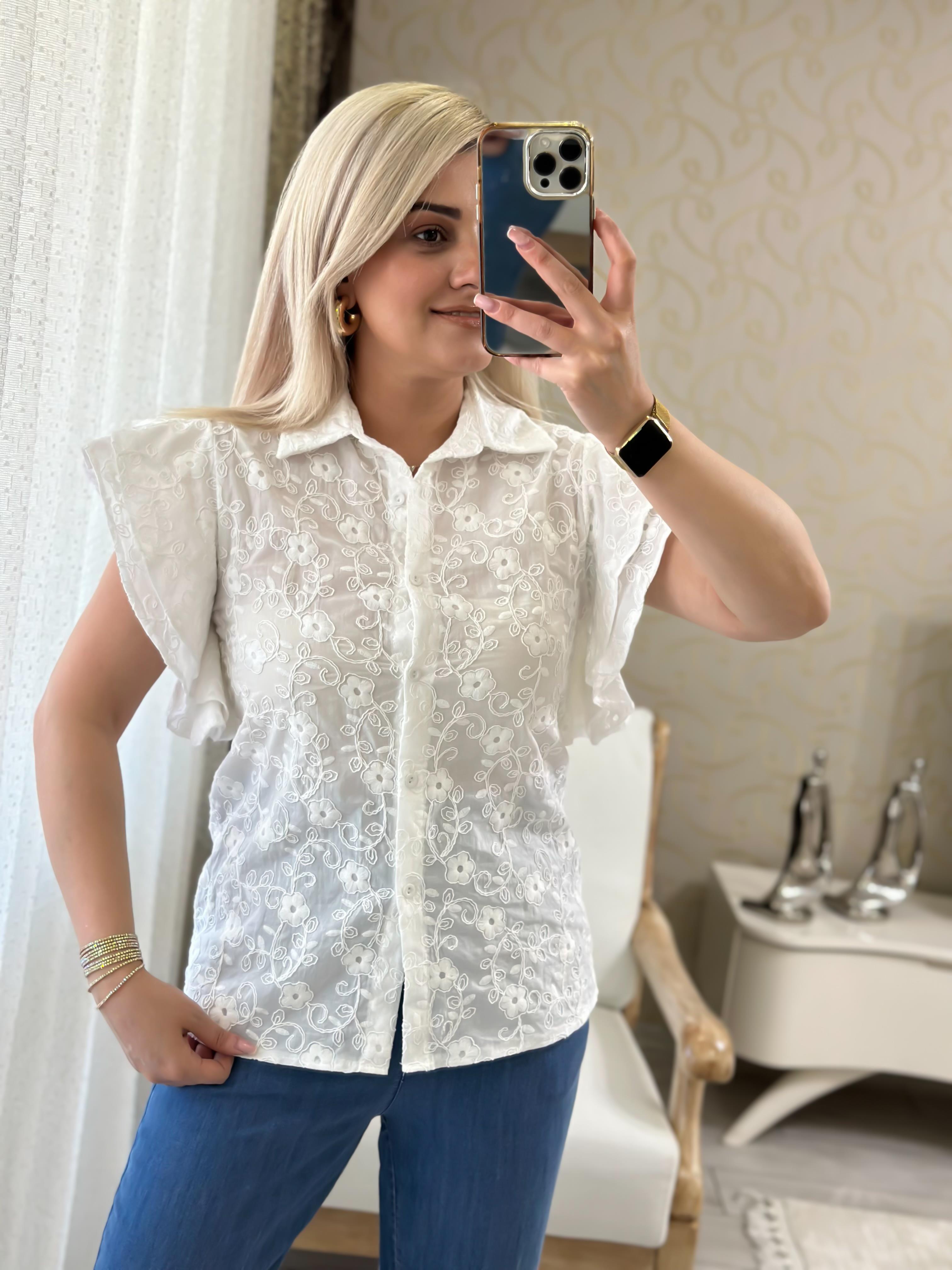 Fisto Kolları Volanlı Premium Kalite Gömlek BEYAZ-23YUST000094
