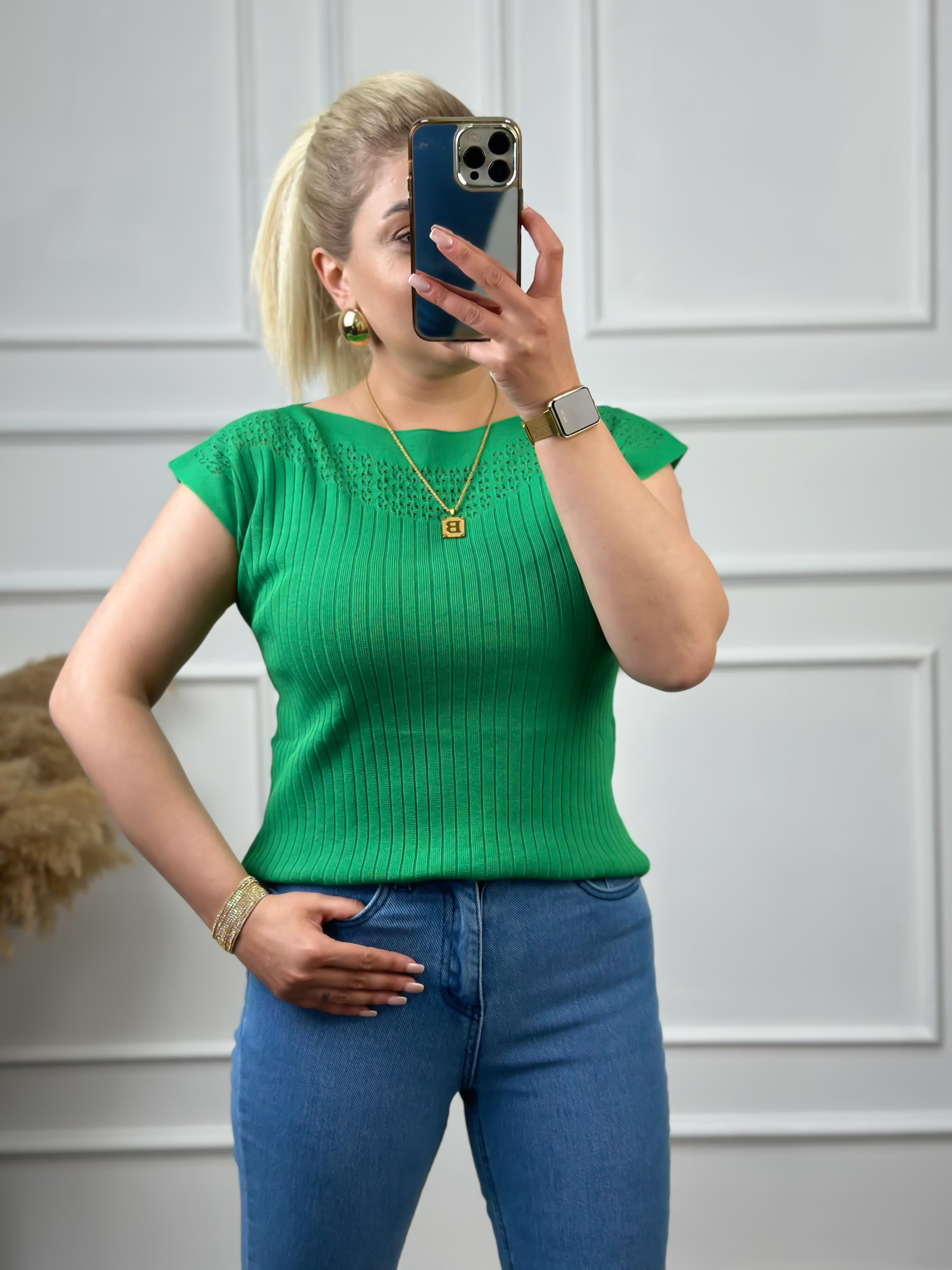 Fitli Kayık Yaka Bluz YEŞİL-23MeUST00083