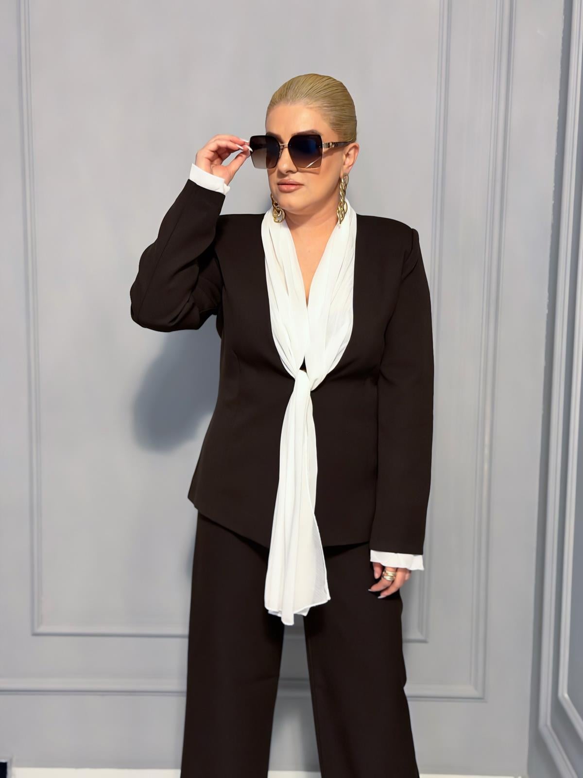 Fular Bağlamalı Blazer Pantolon Takım KAHVE-23MeUST00153