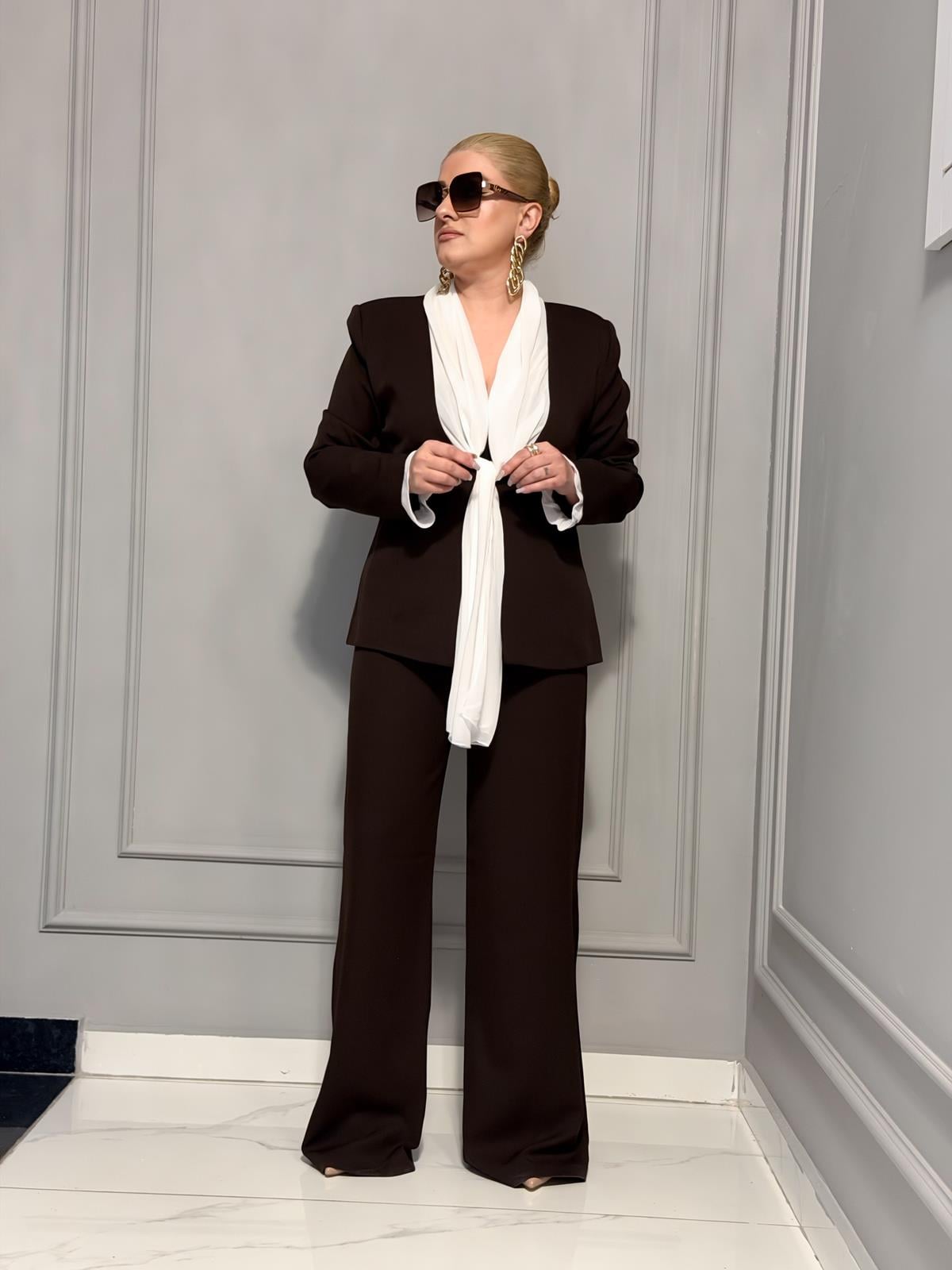 Fular Bağlamalı Blazer Pantolon Takım KAHVE-23MeUST00153
