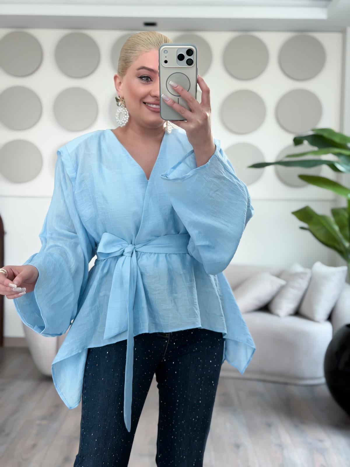 Fularlı Jakarlı Gömlek BEBE MAVİ-23MeUST00156