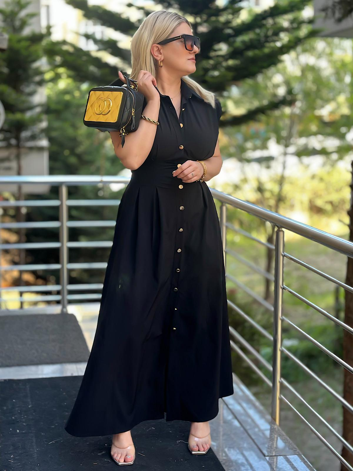 Gold Düğmeli Paraşüt Elbise SİYAH-23YELB000097