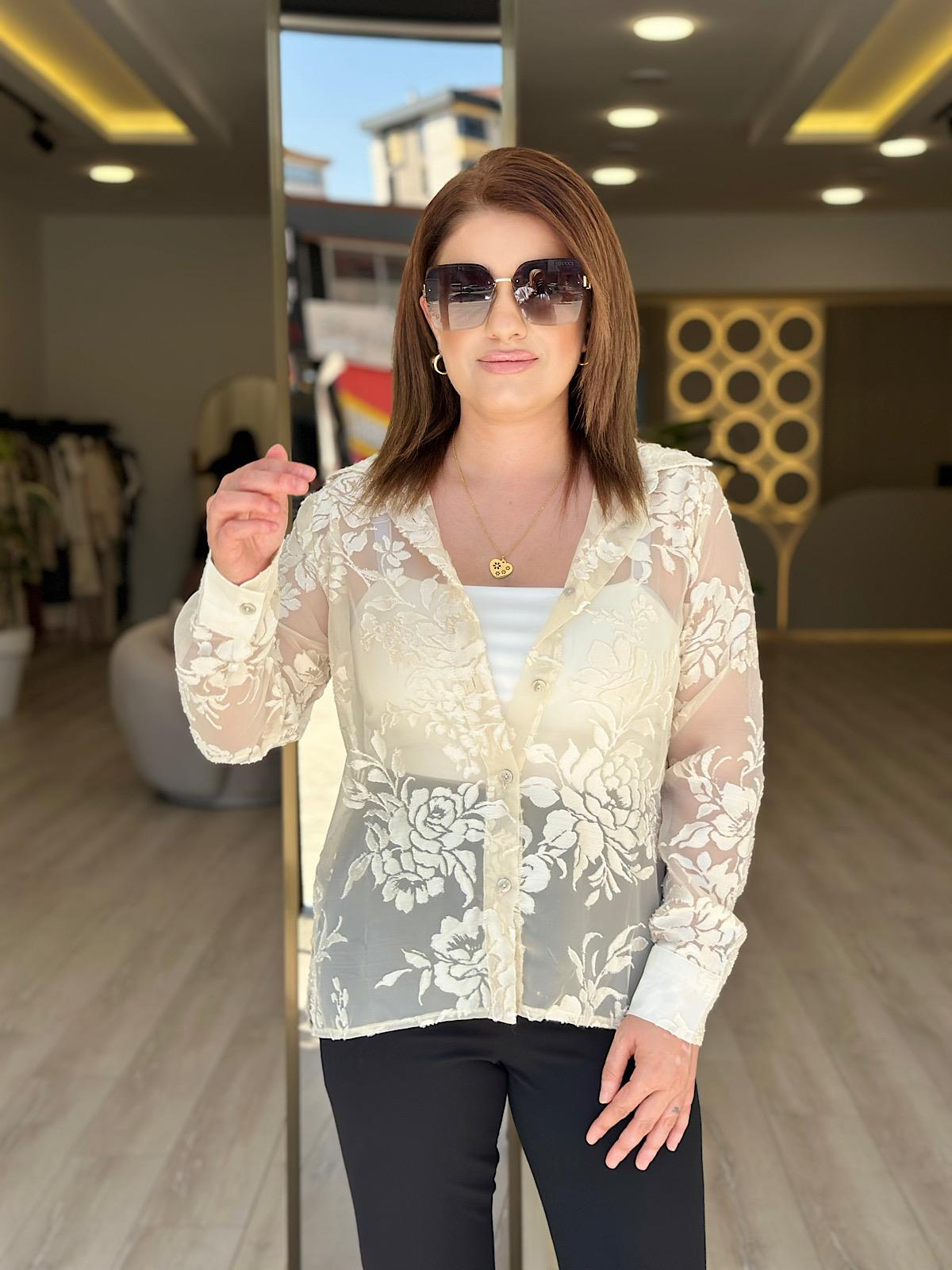 Gül Desenli Tül Gömlek EKRU-23YUST000267