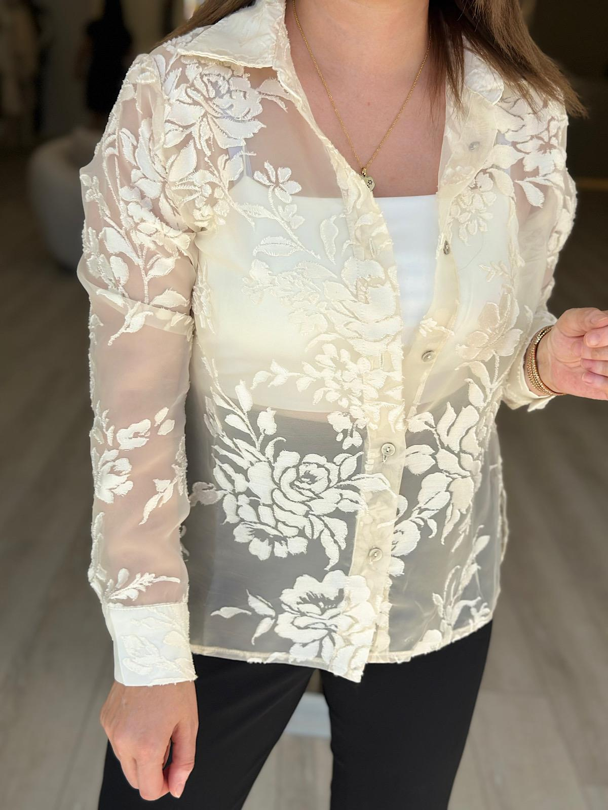 Gül Desenli Tül Gömlek EKRU-23YUST000267