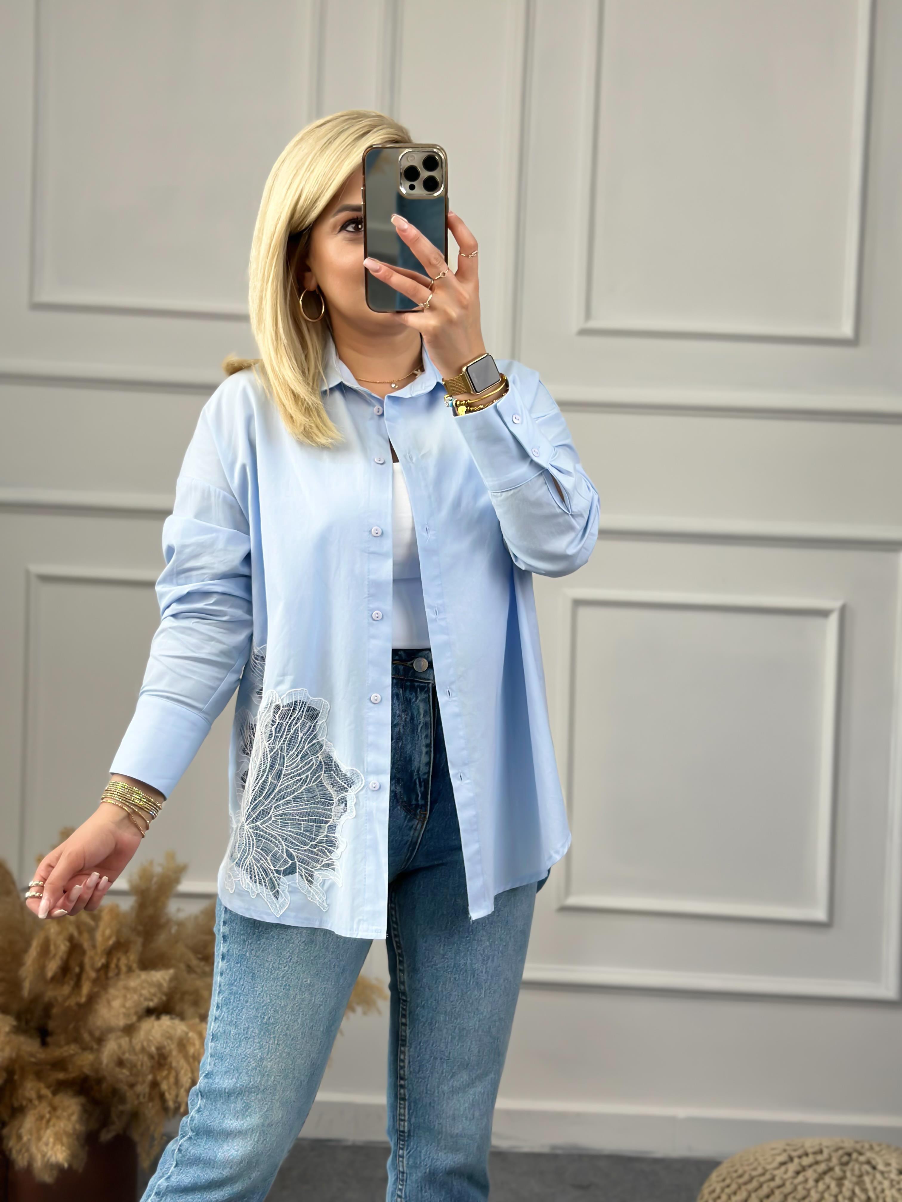 Güpür Detaylı Poplin Gömlek MAVİ-23YUST000080