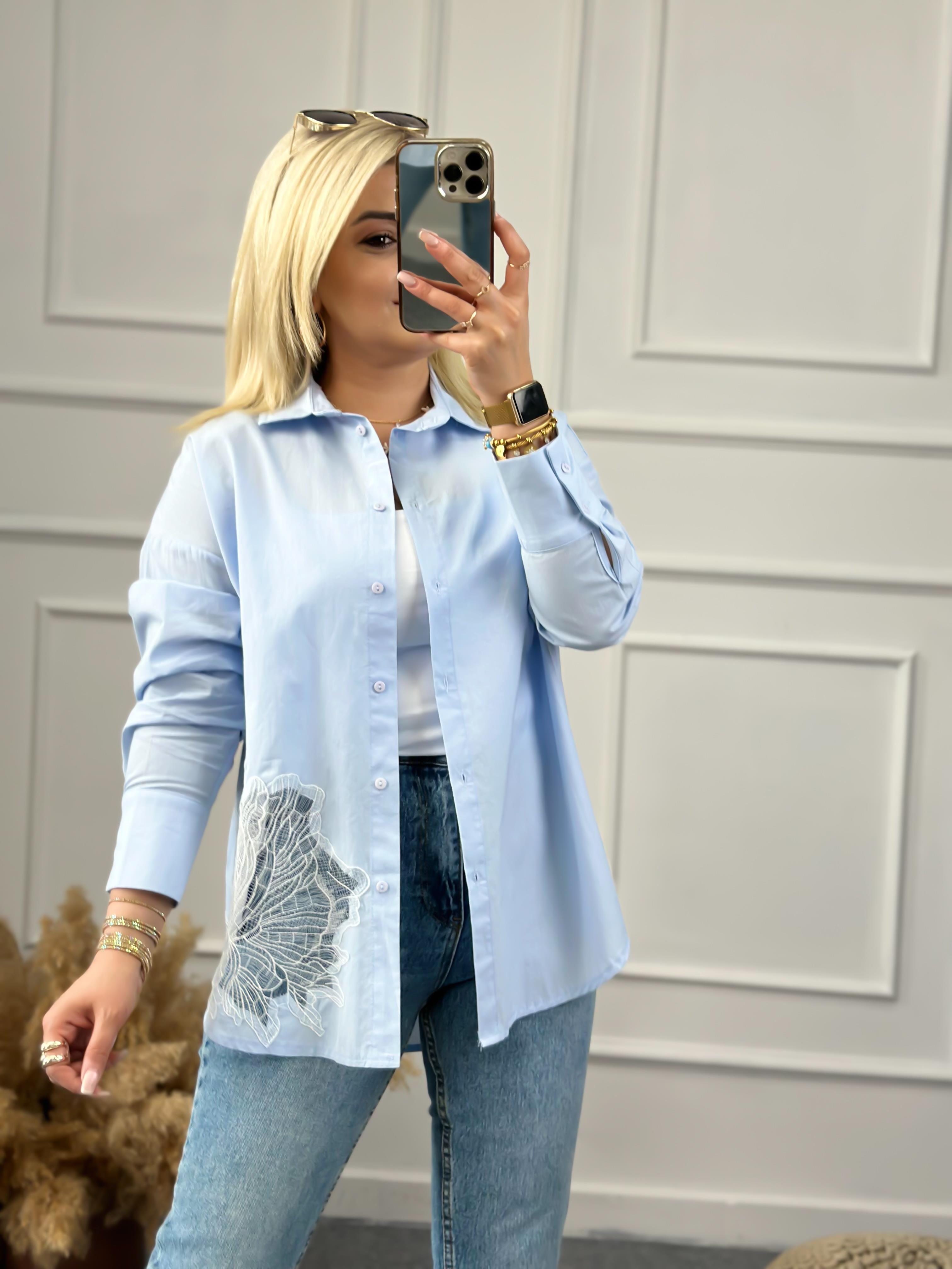 Güpür Detaylı Poplin Gömlek MAVİ-23YUST000080