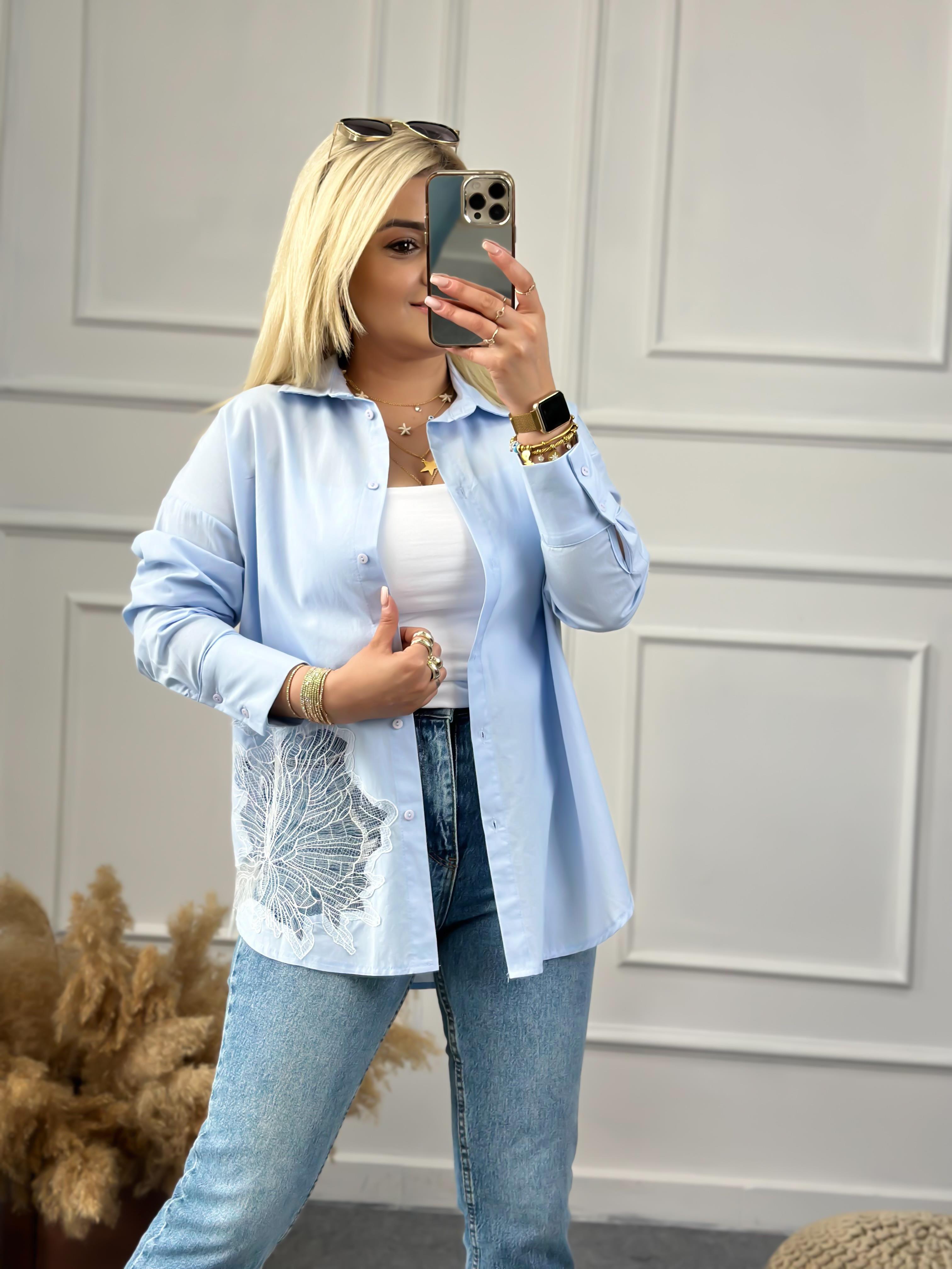 Güpür Detaylı Poplin Gömlek MAVİ-23YUST000080