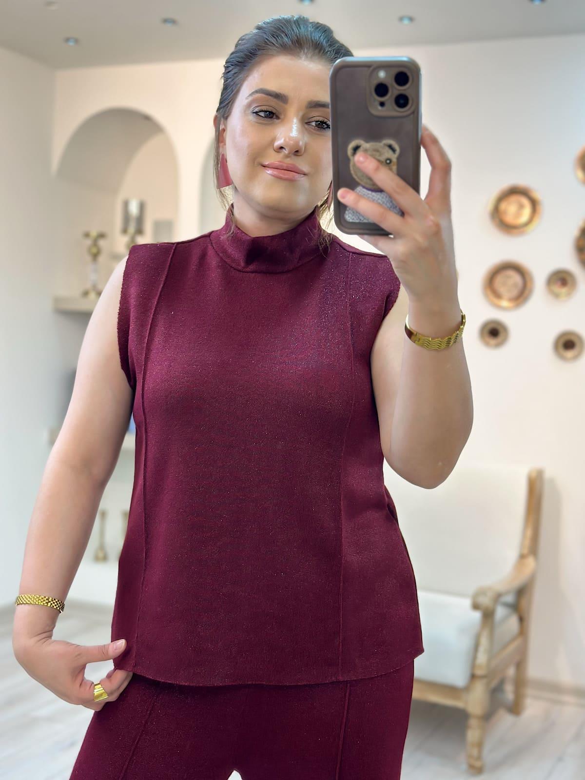 Halter Yaka Simli Bluz BORDO-23MeUST00112