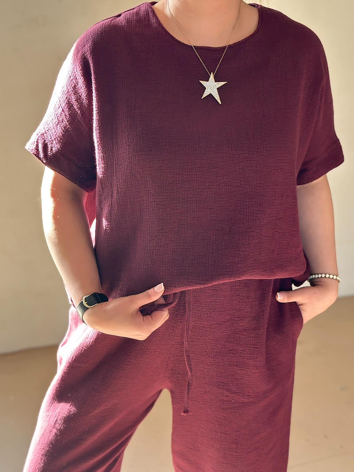 Ham Keten Bluz Pantolon Takım BORDO-23YUST000102