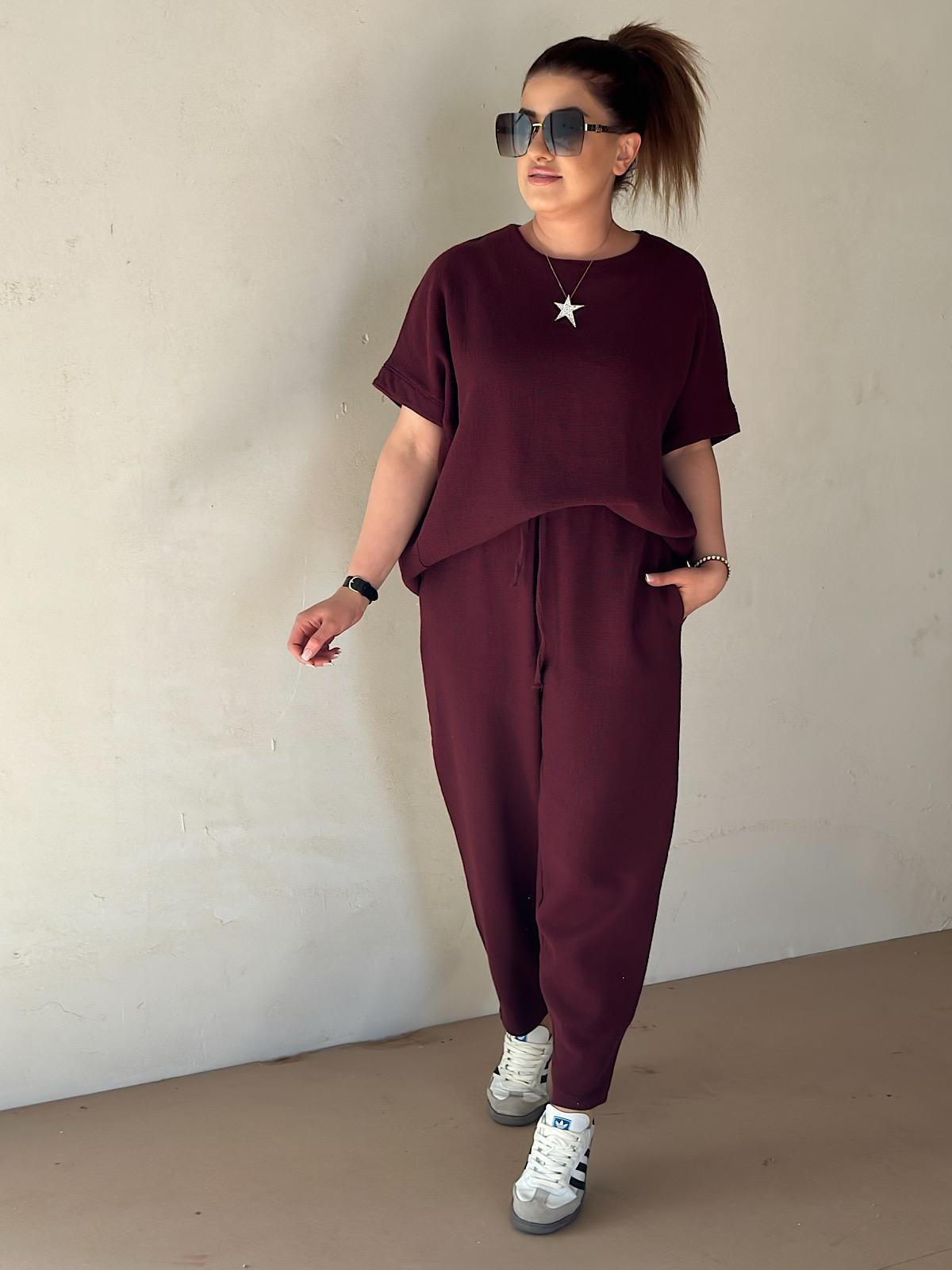Ham Keten Bluz Pantolon Takım BORDO-23YUST000102