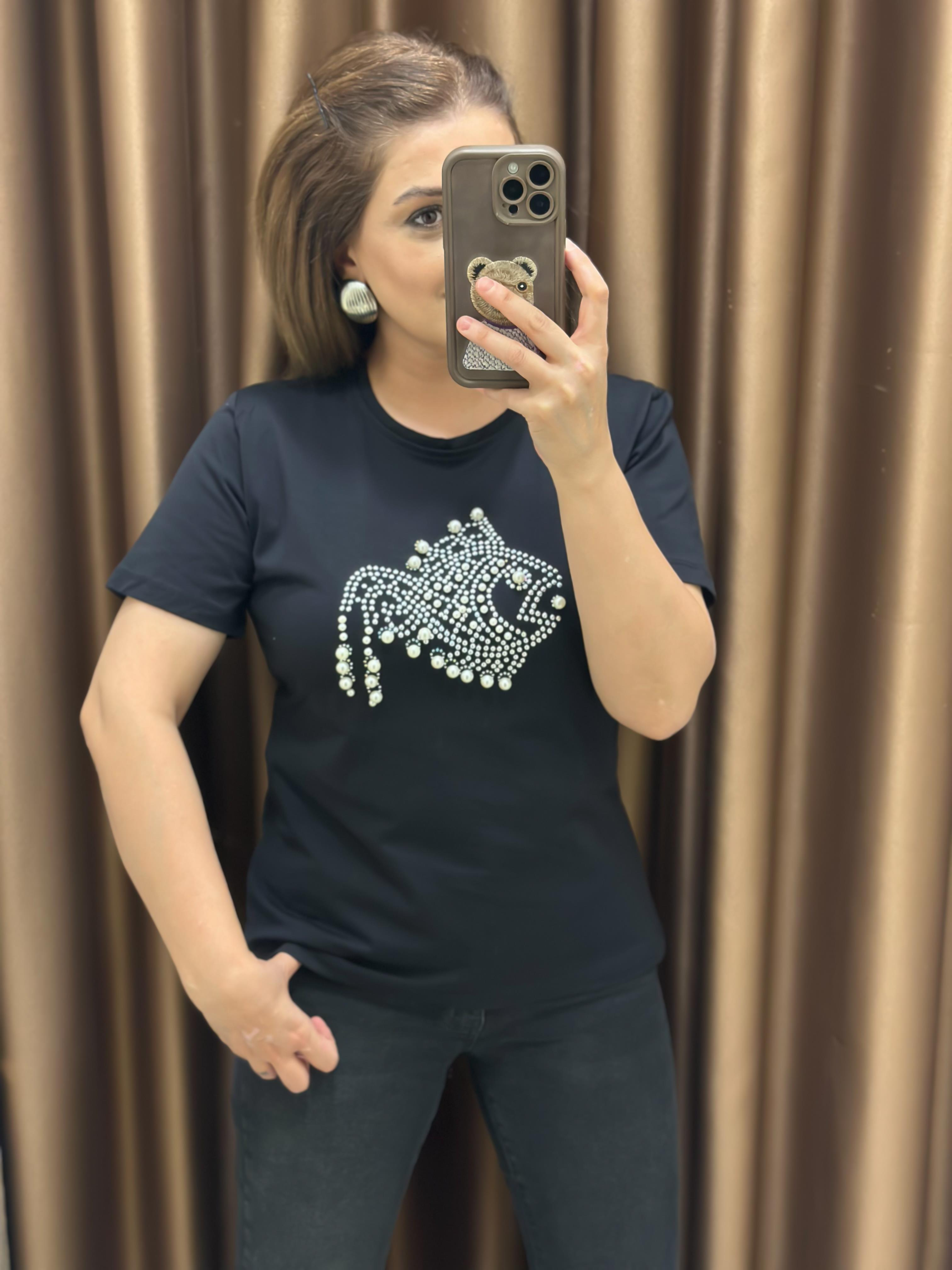 İnci Balık Detaylı Tshirt SİYAH-23YUST000246