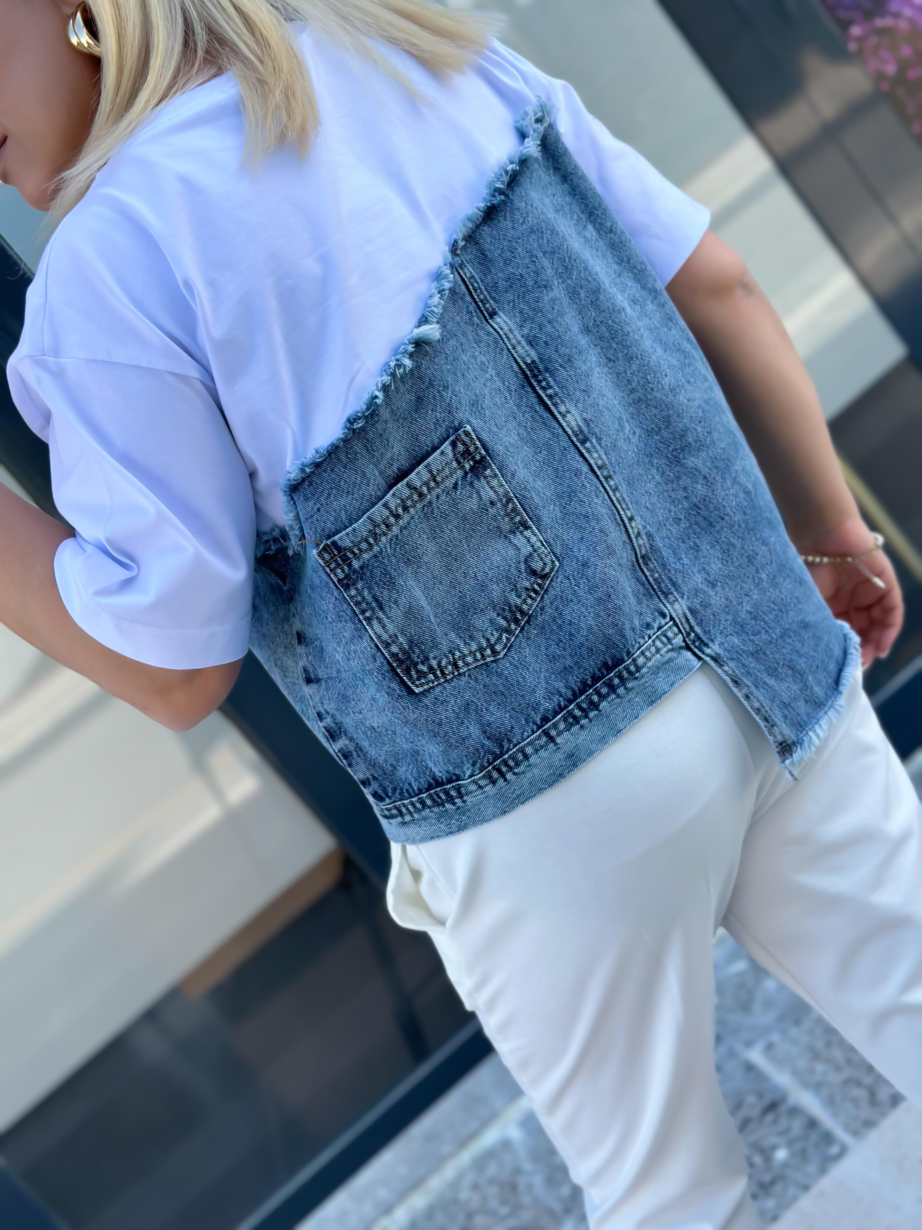 Jean Detaylı Düğmeli Tshirt BEYAZ-23YUST000043