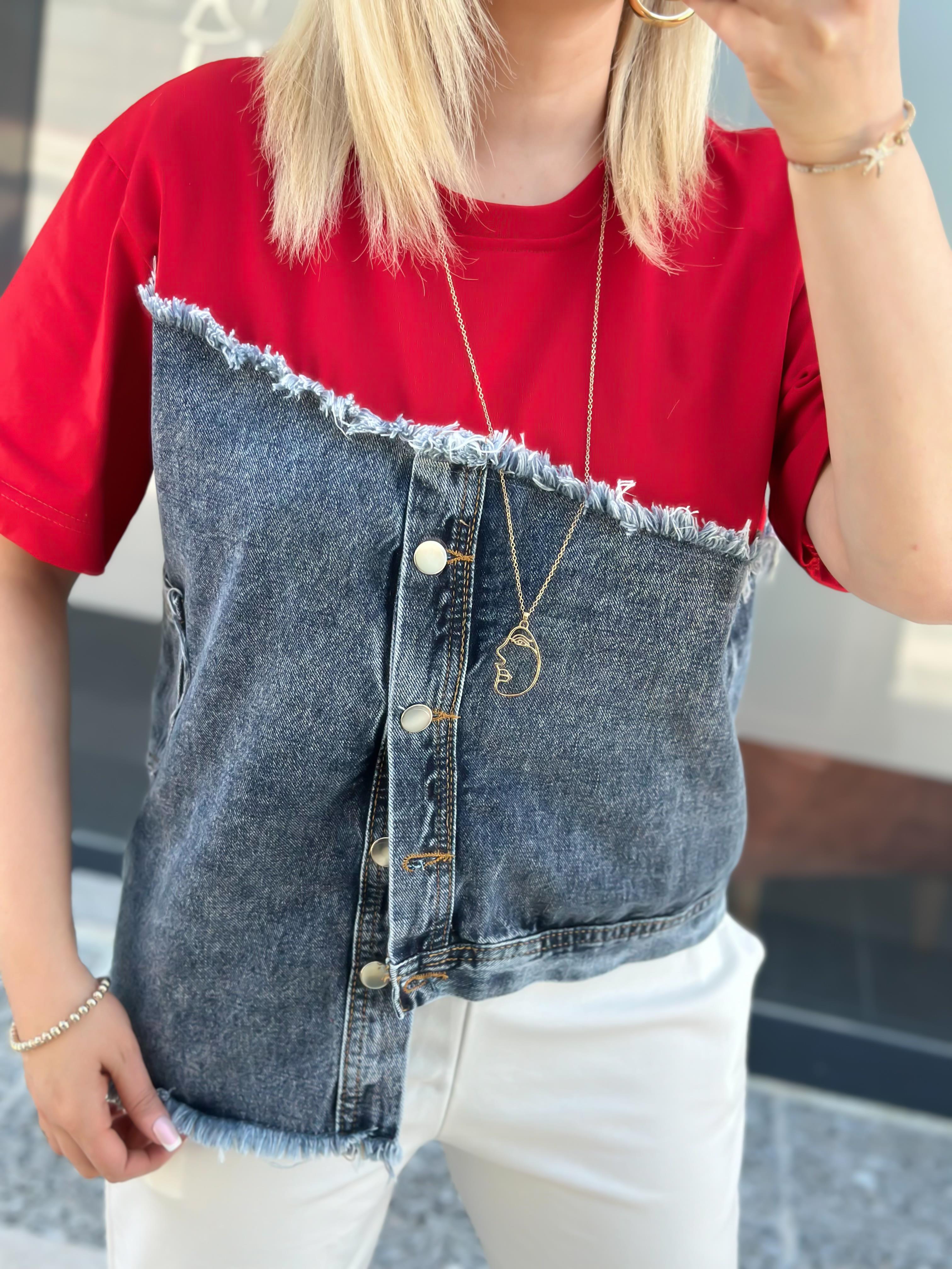 Jean Detaylı Düğmeli Tshirt KIRMIZI-23YUST000043