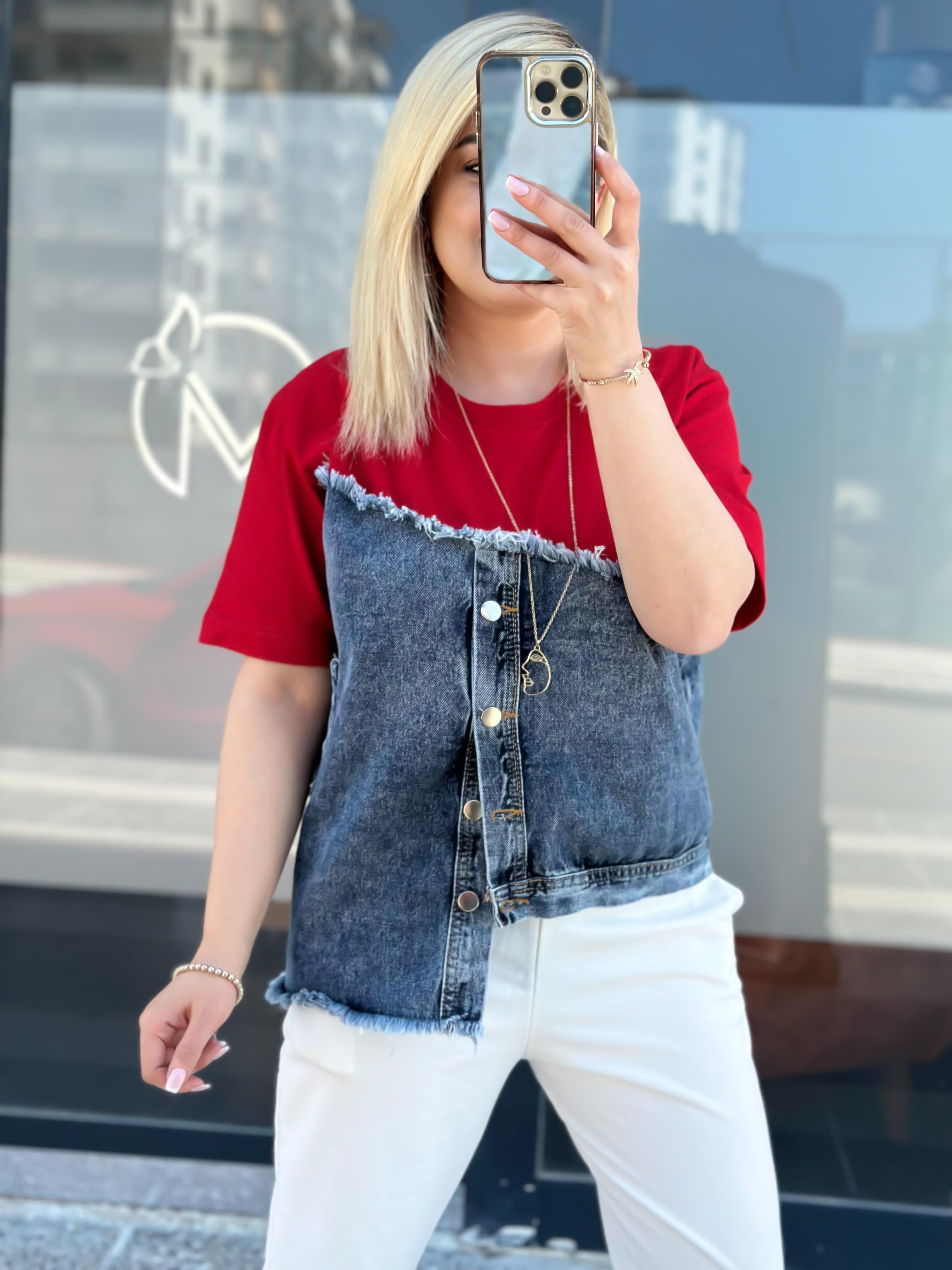 Jean Detaylı Düğmeli Tshirt KIRMIZI-23YUST000043