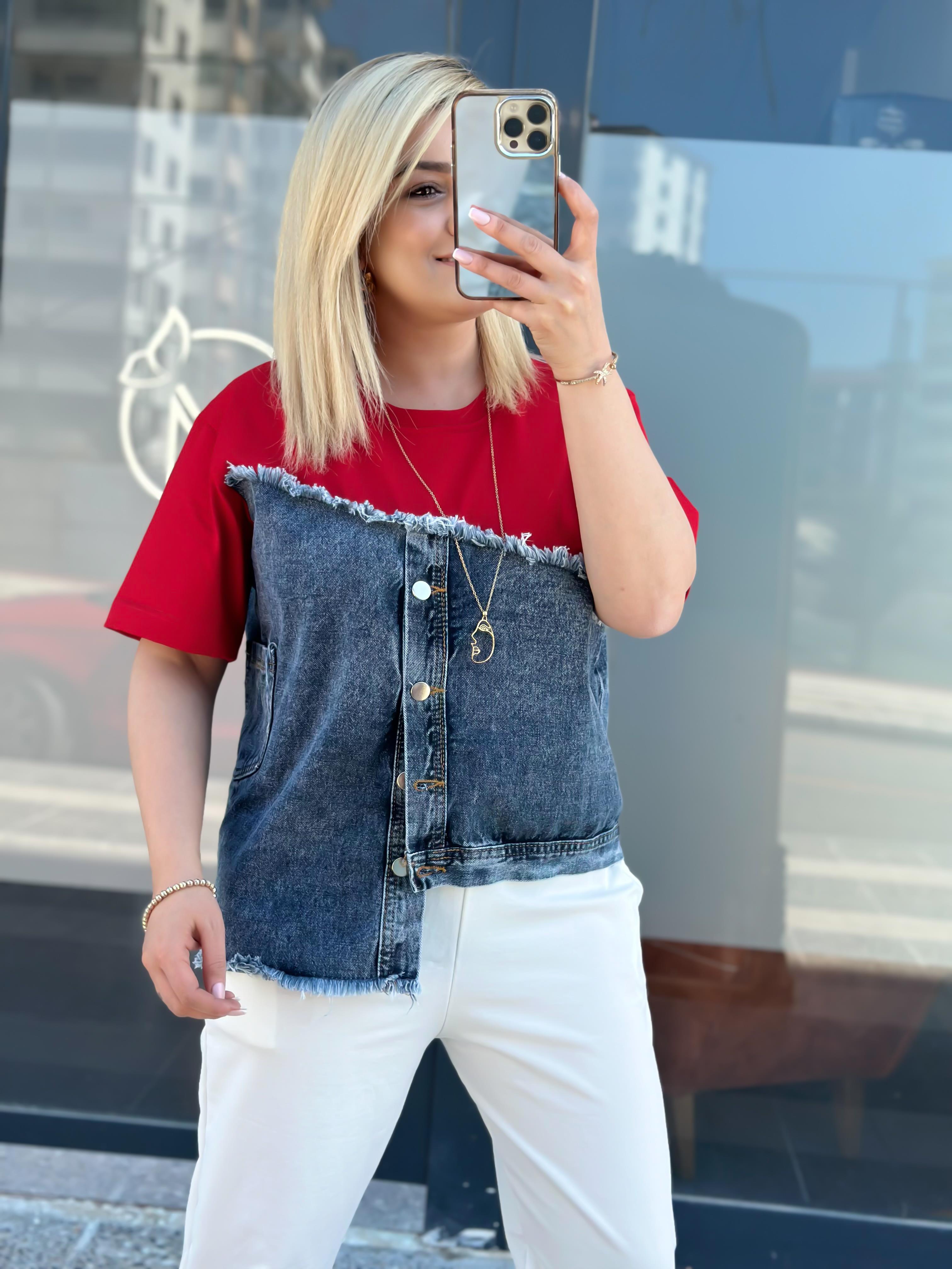 Jean Detaylı Düğmeli Tshirt KIRMIZI-23YUST000043